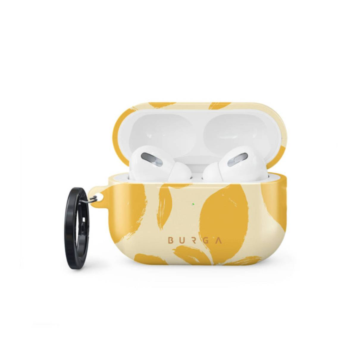 Funda amarilla para auriculares con un patrón floral. La funda está abierta, revelando auriculares blancos dentro.