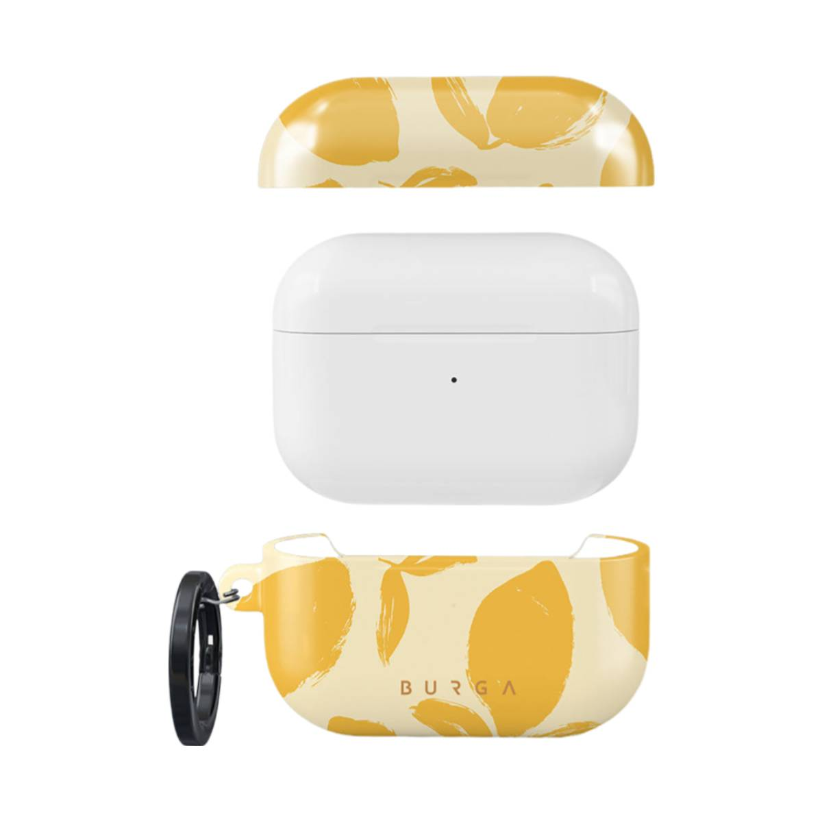 Funda blanca para AirPods con tres piezas sobre un fondo blanco con patrón de limón.