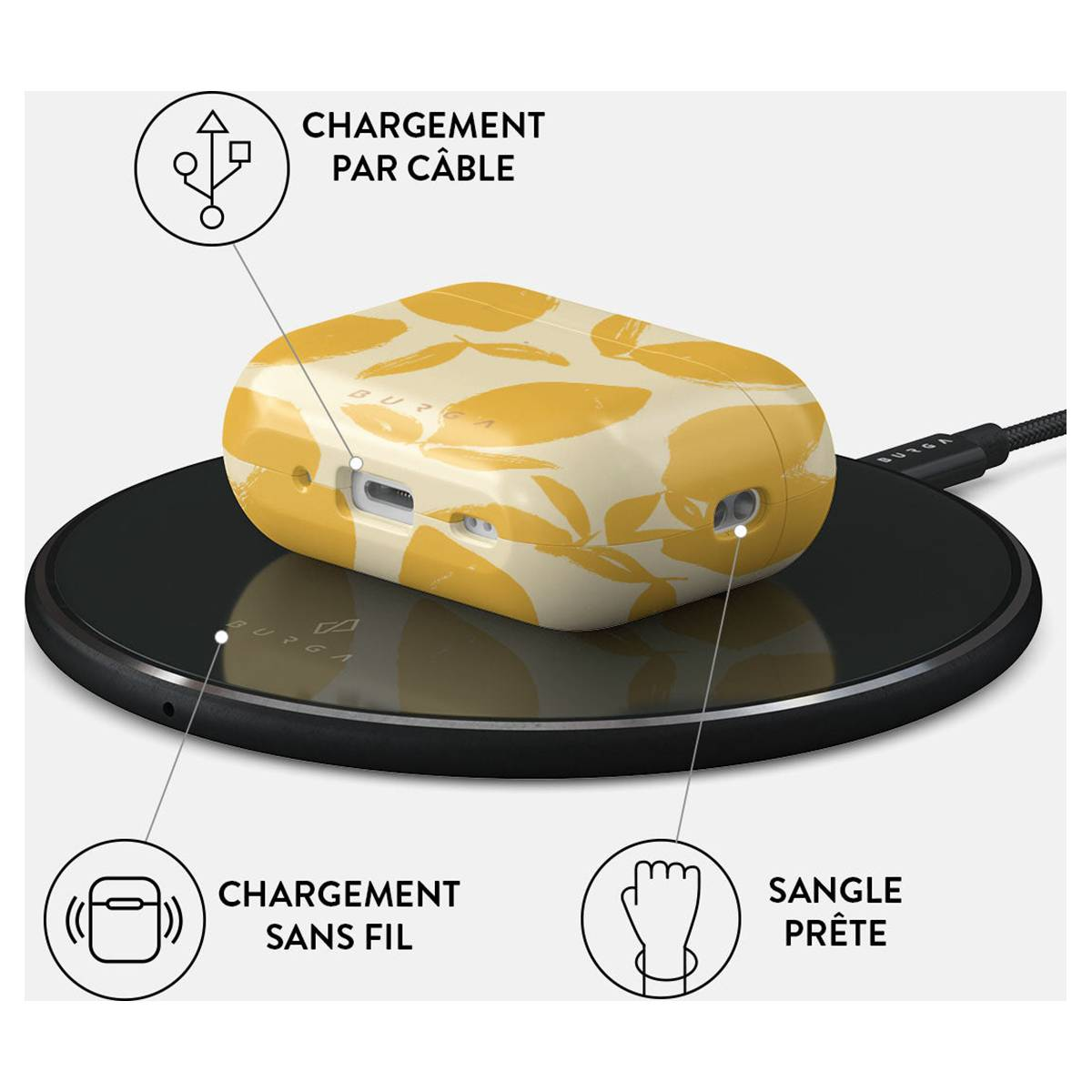 Cargador inalámbrico con diseño amarillo y blanco con una funda para auriculares y símbolos de carga.