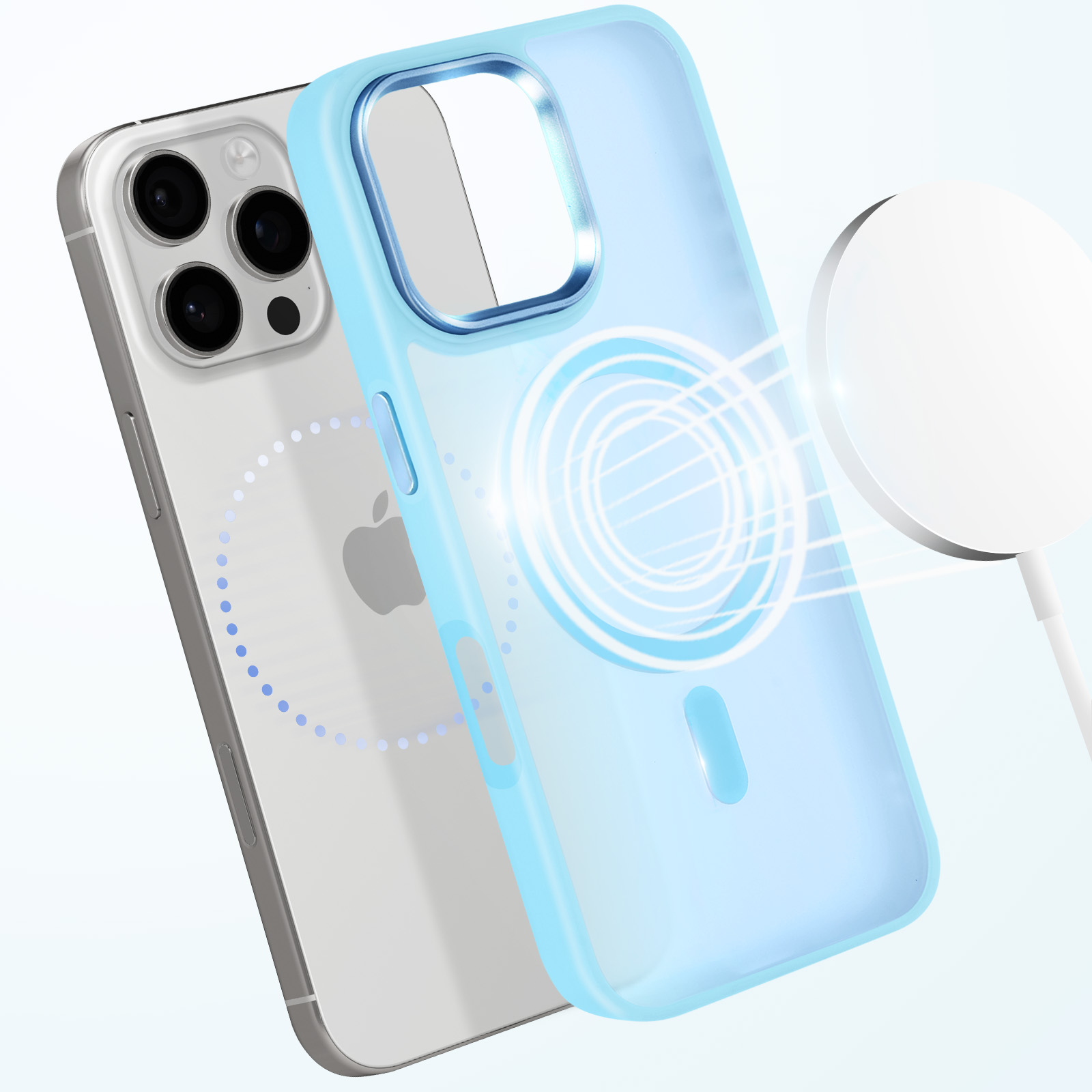 Custodia blu per telefono con caricabatterie circolare bianco e iPhone. Il telefono ha un retro trasparente.