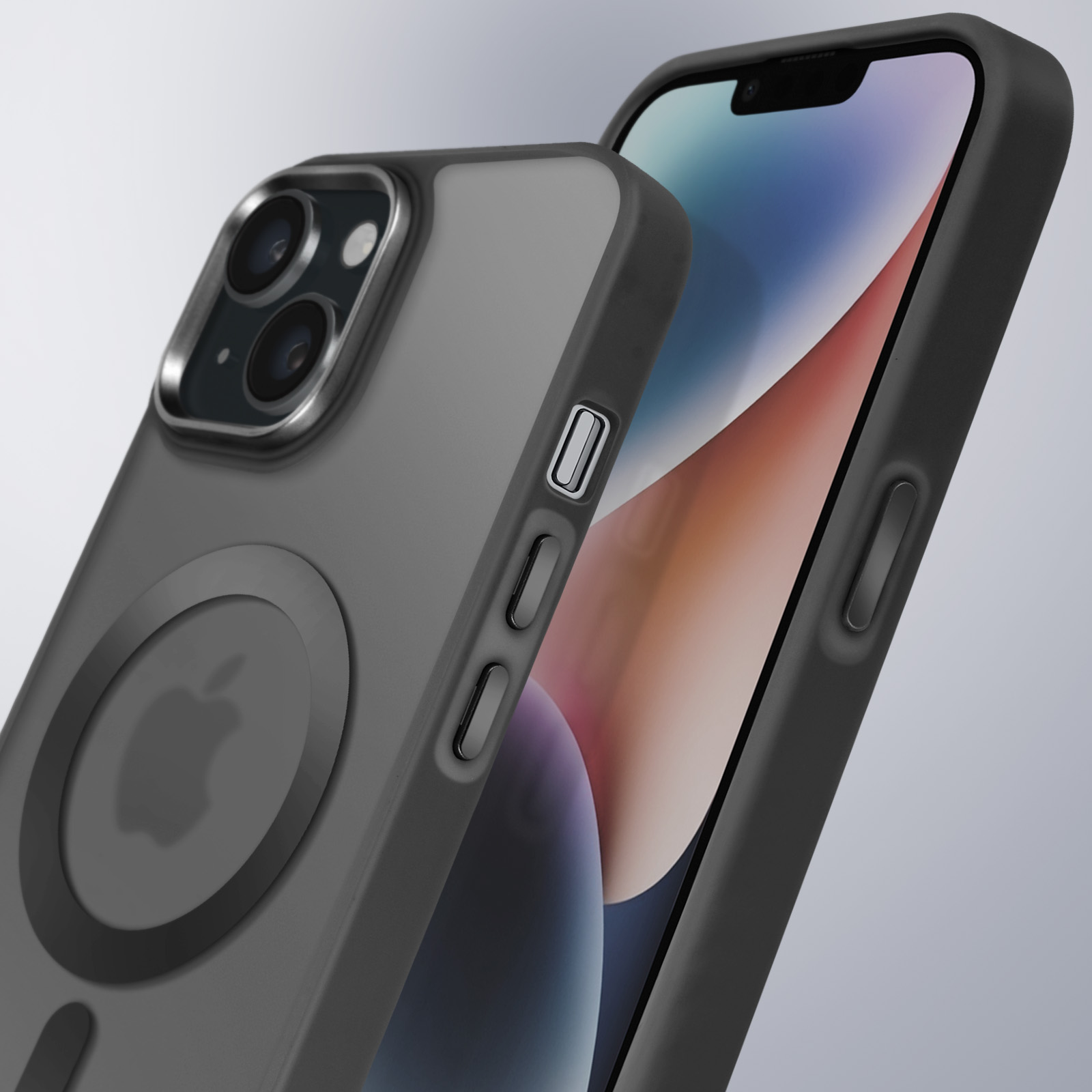 Primo piano di una custodia grigia con telefono all'interno e il logo Apple.
