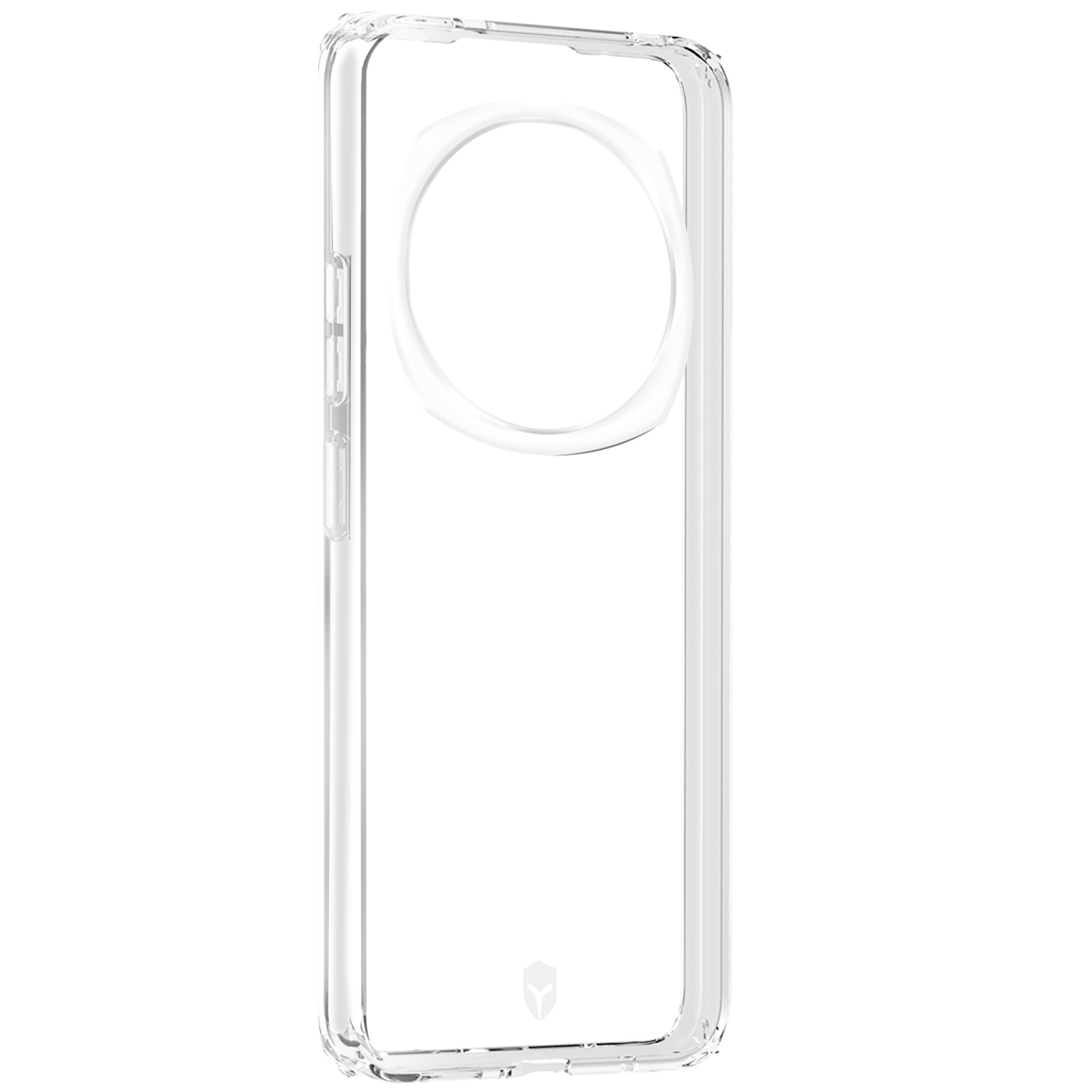 Custodia trasparente per telefono con un ritaglio circolare per la fotocamera. La custodia è trasparente, su sfondo bianco.