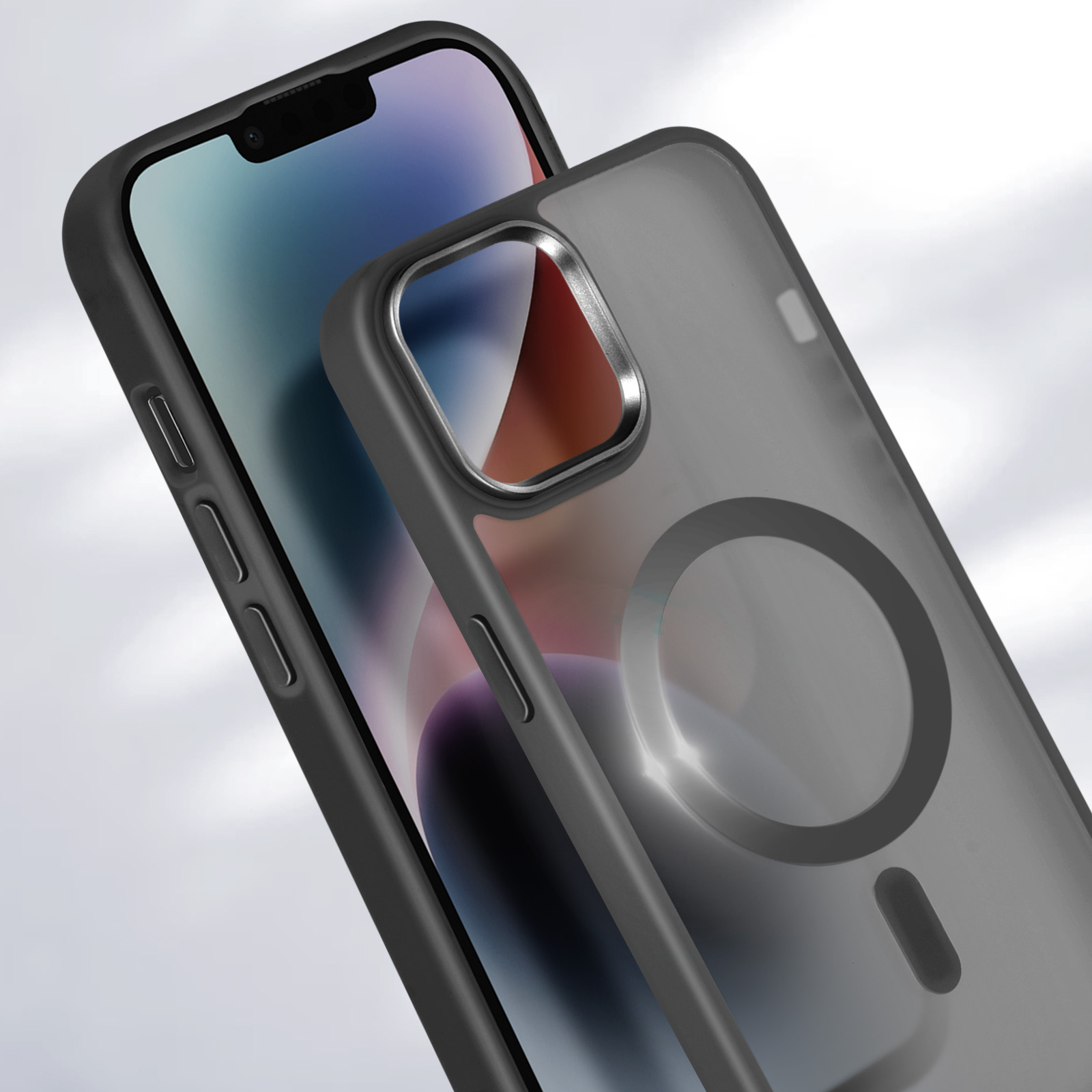 Un iPhone nero è all'interno di una custodia grigia con bordo nero. La custodia ha un anello MagSafe.