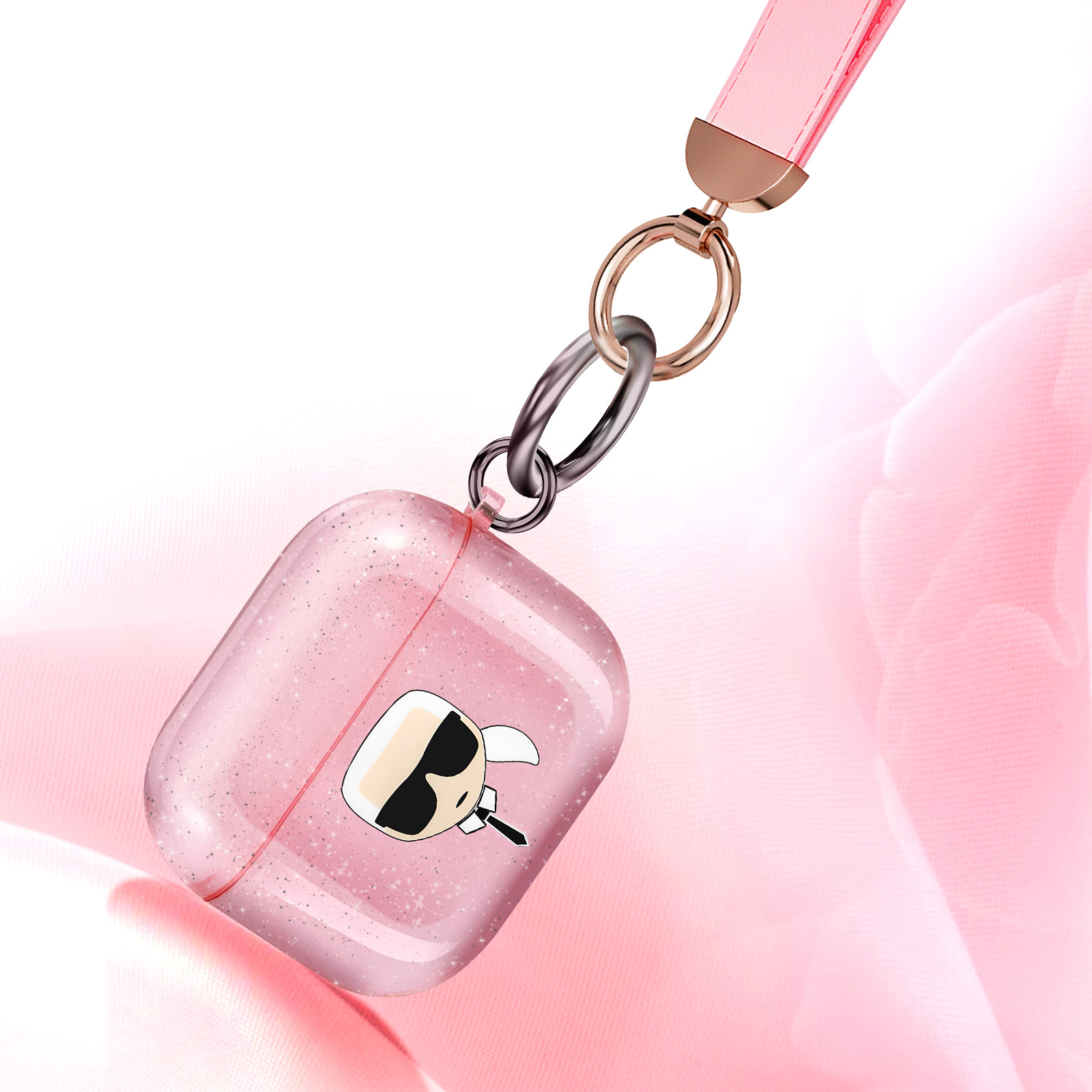 Funda rosa para AirPods con cara de dibujos animados y correa rosa. La funda es brillante y transparente.