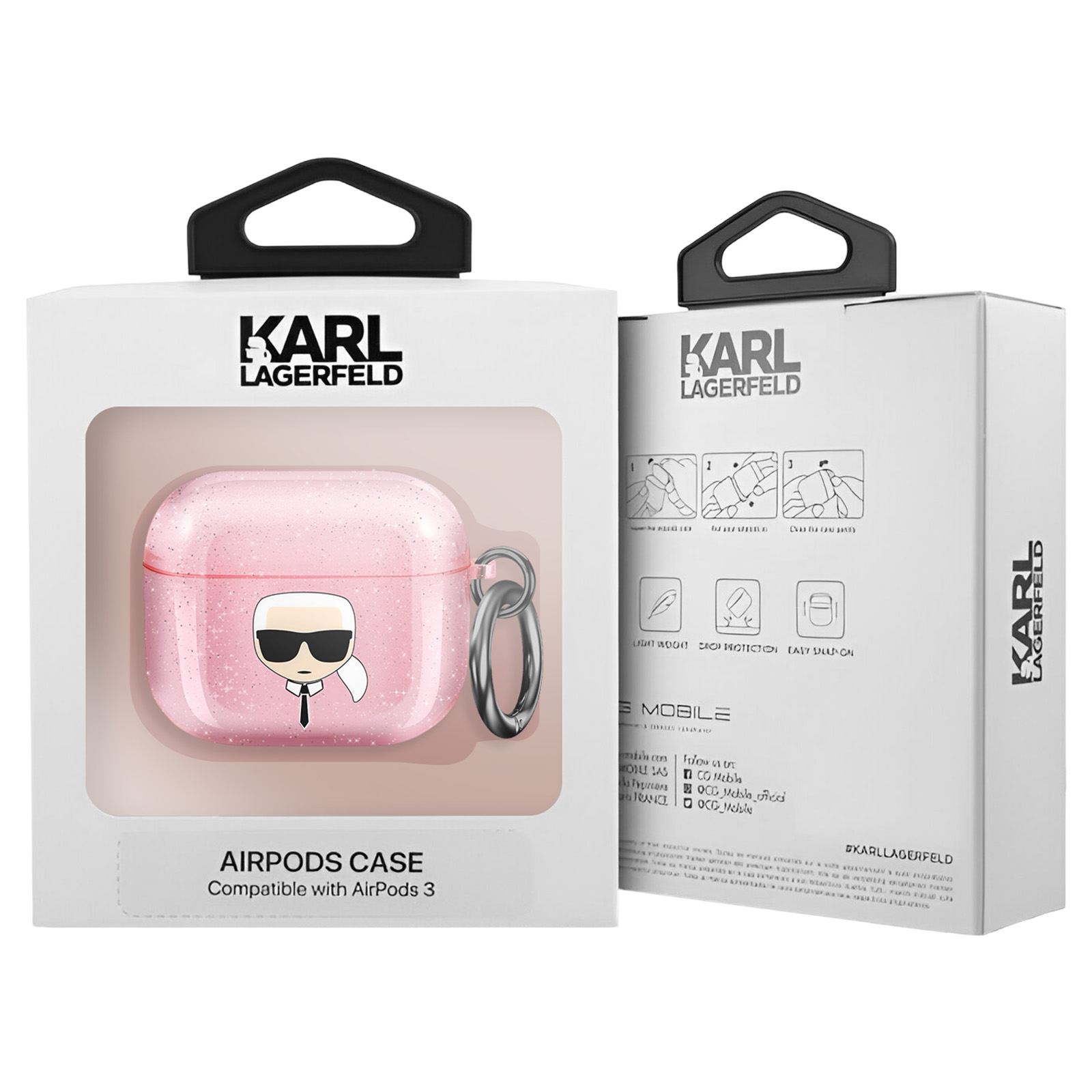 Funda rosa Karl Lagerfeld para AirPods con logo y cierre plateado, en una caja blanca.
