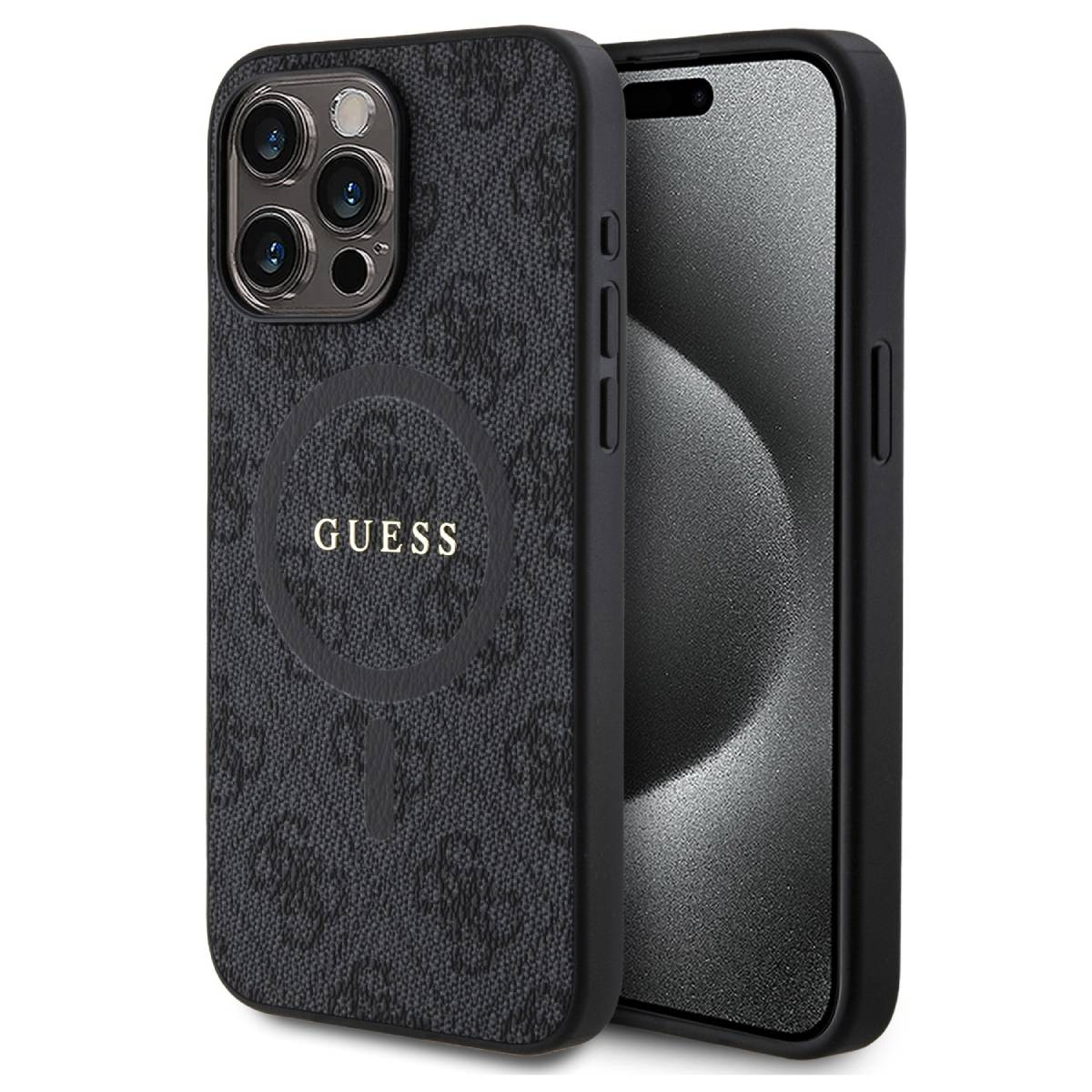 Custodia GUESS nera con il logo GUESS. Il telefono è visibile.