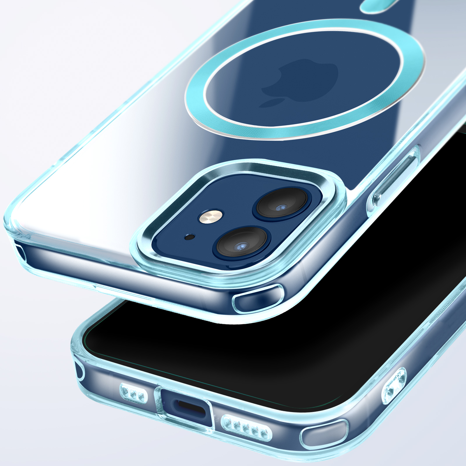 Due custodie trasparenti per telefono, che mostrano la fotocamera e lo schermo del telefono, leggermente separati.