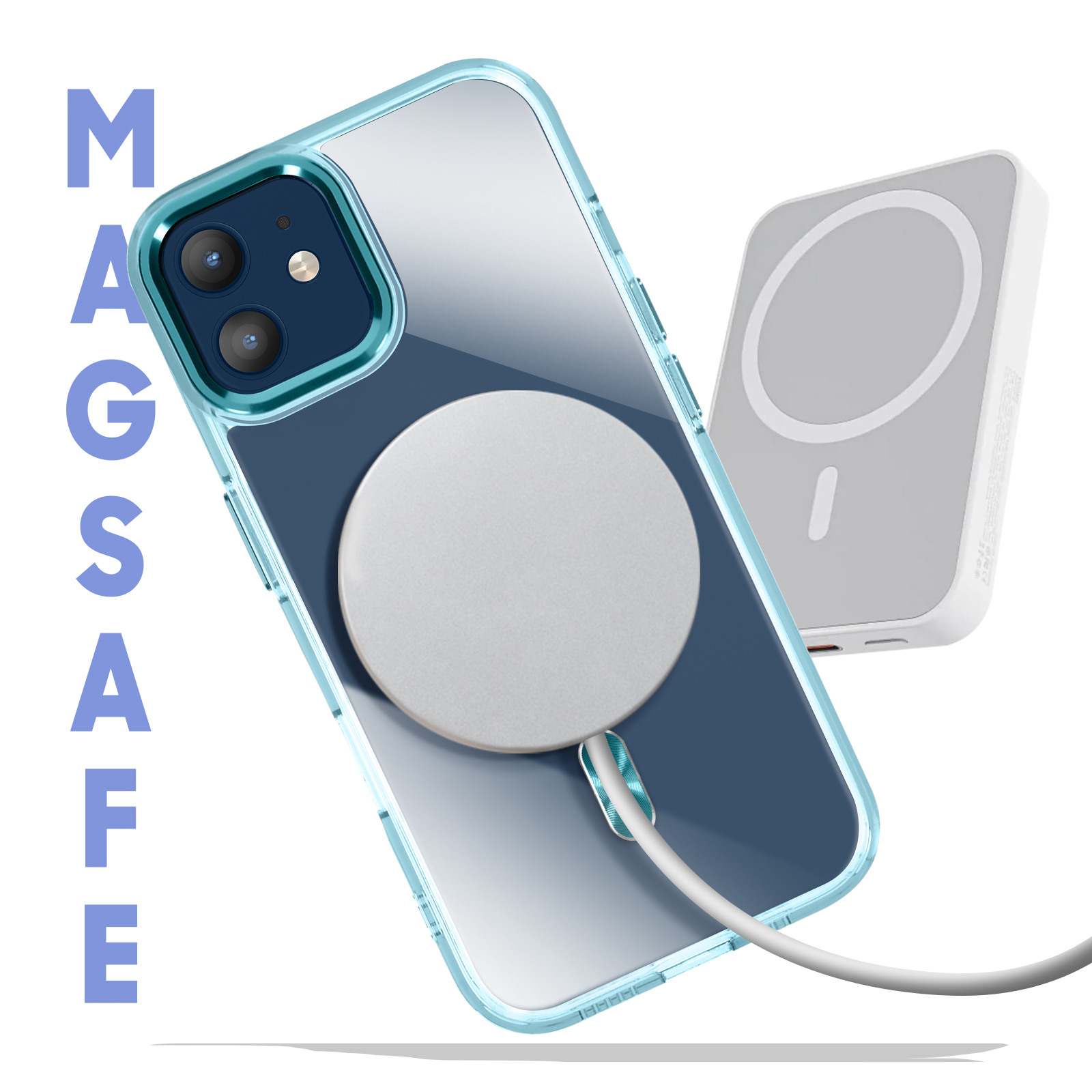 Una custodia per telefono con bordo blu e un caricatore MagSafe bianco su sfondo bianco.