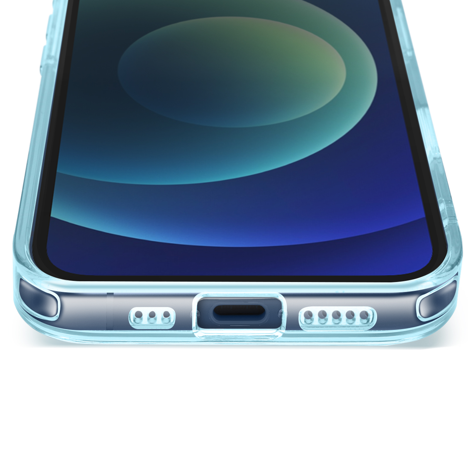 Primo piano di una custodia azzurra con telefono blu all'interno, su sfondo bianco.