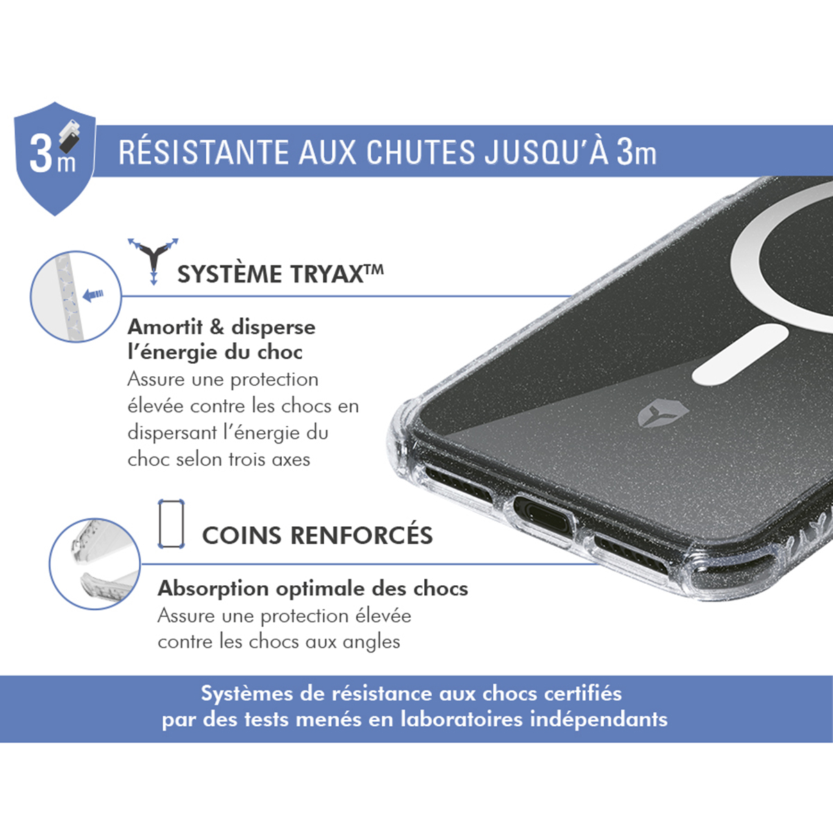 Diagramma di una custodia per telefono con testo in francese, che evidenzia la resistenza alle cadute e gli angoli rinforzati.