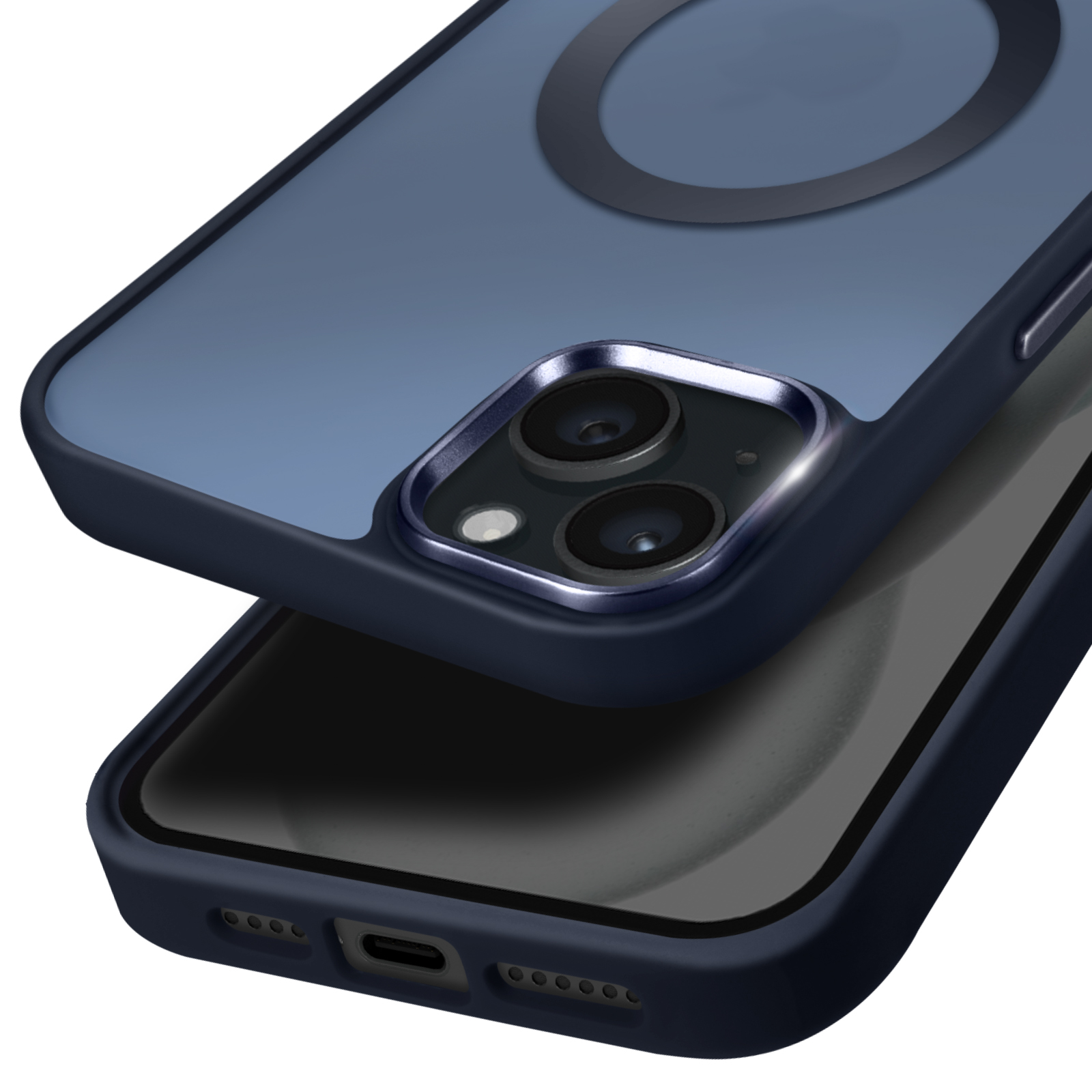 Custodia blu per telefono con area fotocamera nera e magnete circolare. Custodia parzialmente aperta.