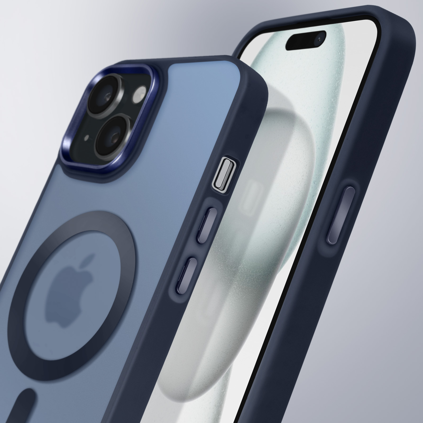Custodia per telefono blu e blu scuro con un telefono all'interno. La custodia ha un anello magnetico e pulsanti.