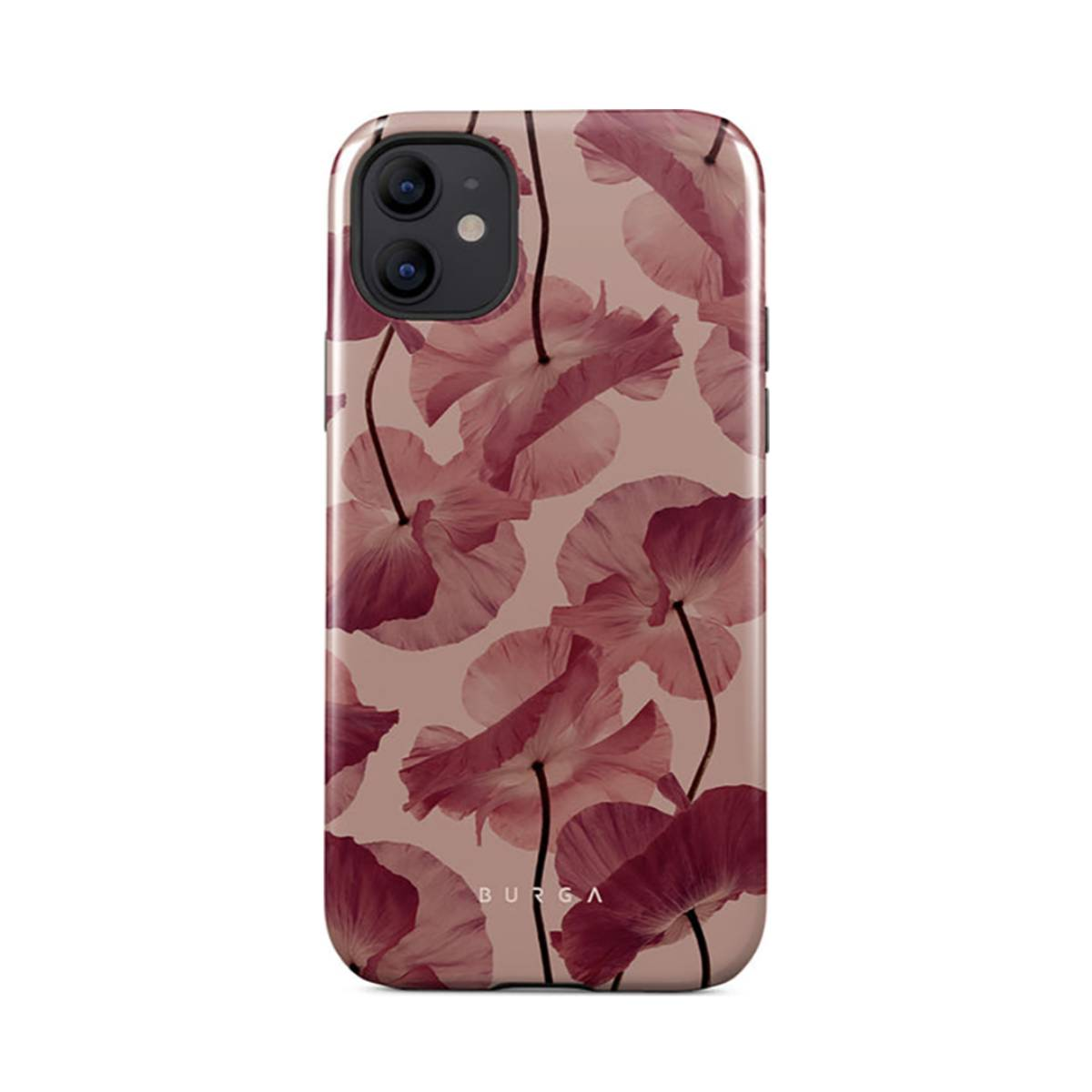 Telefoonhoesje met roze bloemen, donkere stelen en een lichtroze achtergrond.