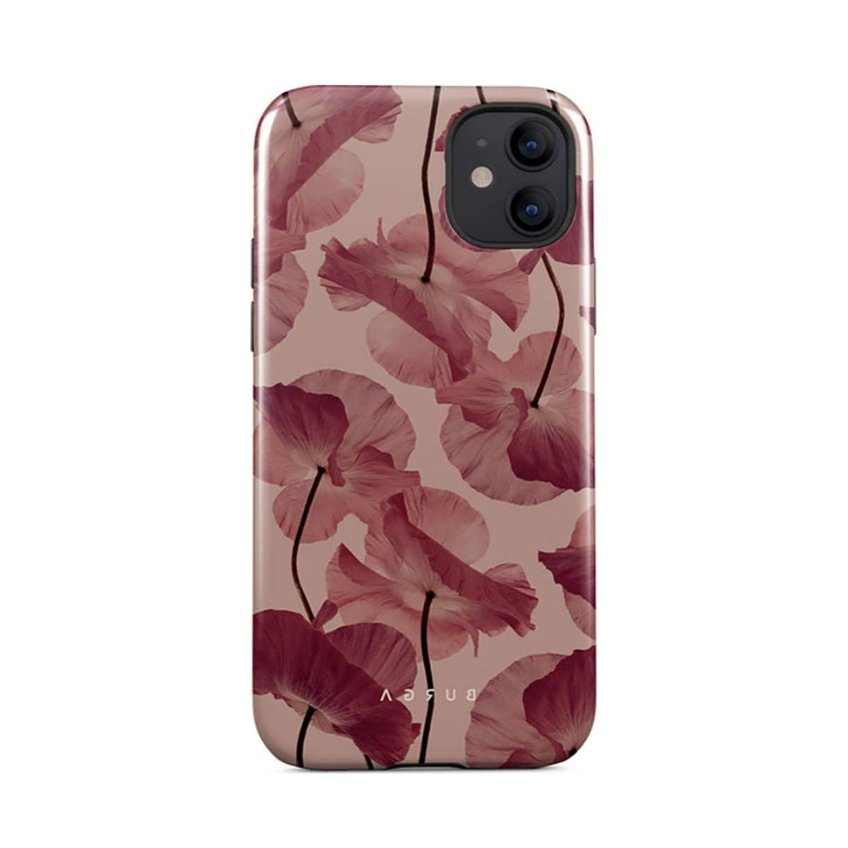 Een telefoonhoesje met een bloemenpatroon. Roze bloemen op een lichtroze achtergrond. De telefoonhoes staat op een witte achtergrond.