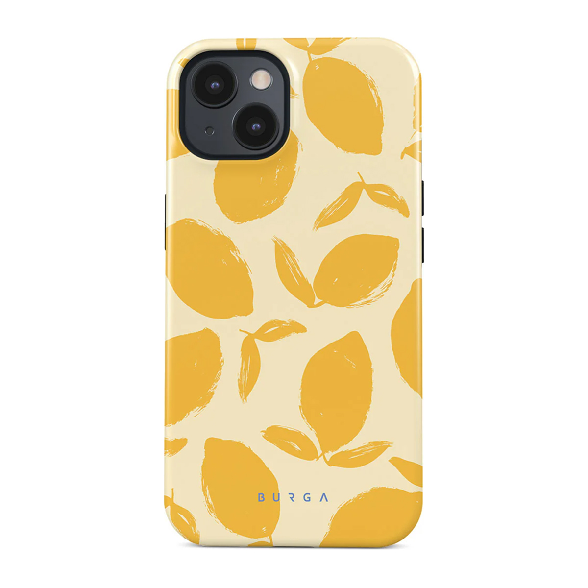 Gele citroenen op telefoonhoesje. Lichte achtergrond.