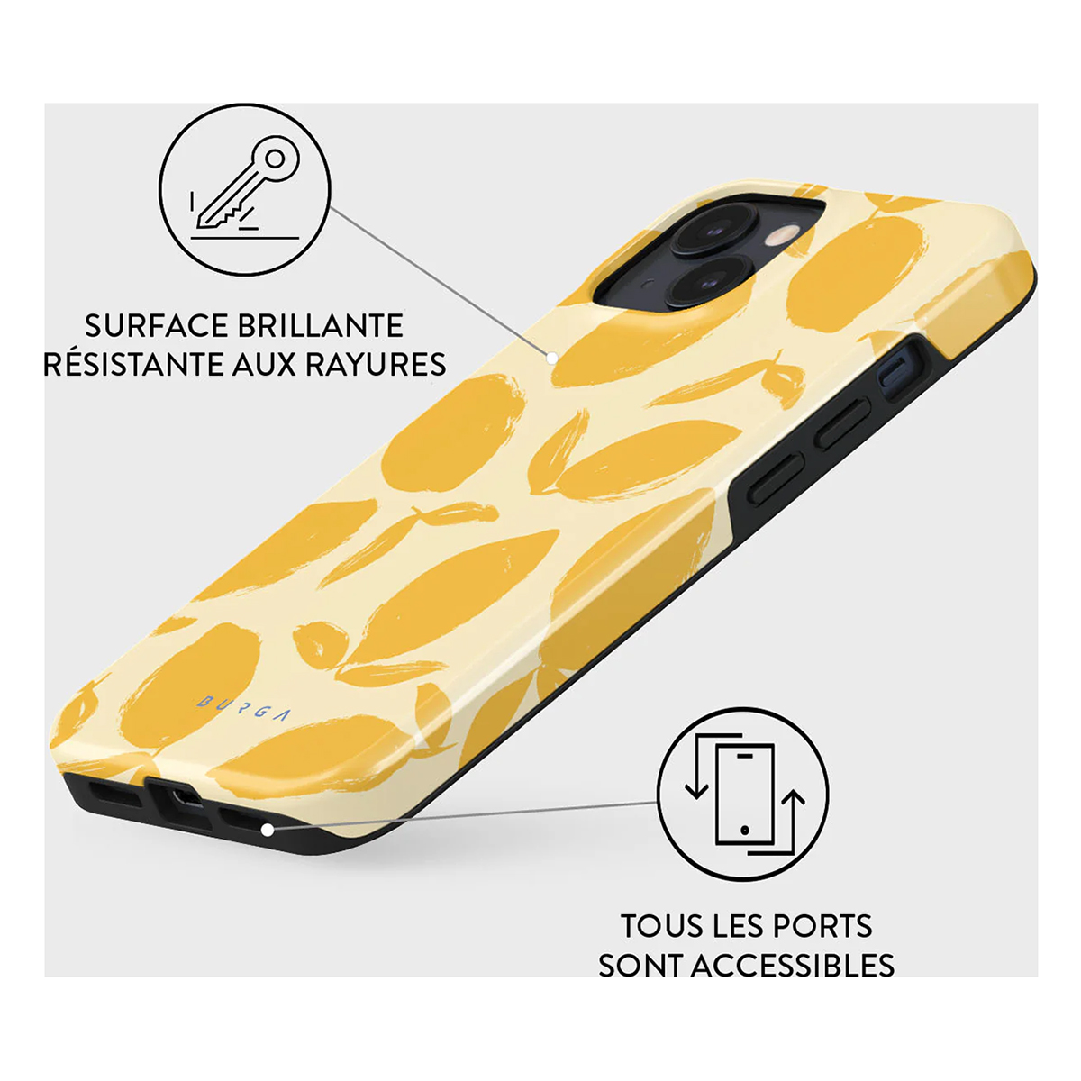 Een telefoonhoesje met een geel bladeren design. Tekst zegt 'Surface Brillante Résistante aux Rayures'.