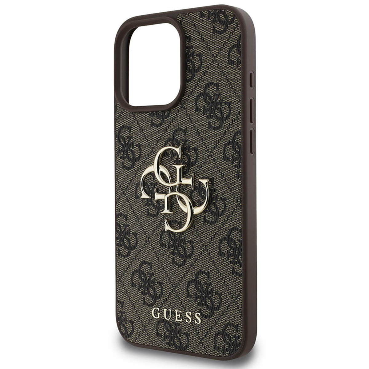 Braune Handyhülle mit sich wiederholendem "GUESS"-Logo-Muster und goldenem Logo.