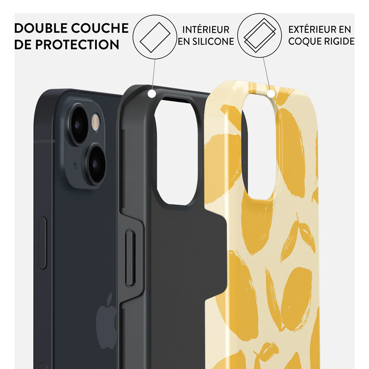 Telefoonhoesje met dubbele bescherming: siliconen binnenkant en een harde buitenkant. Op wit.