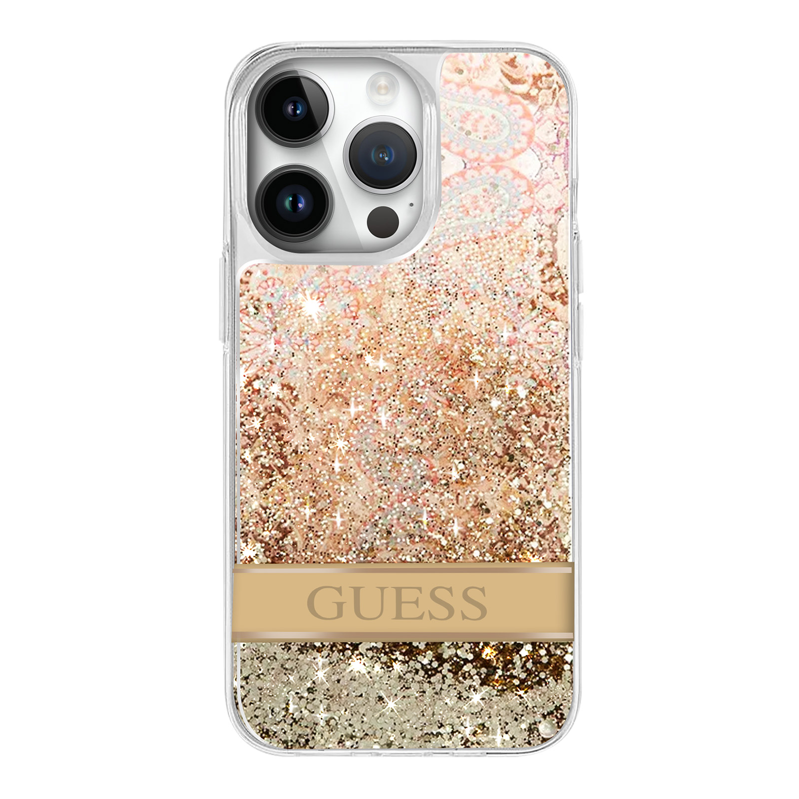 Custodia trasparente per telefono con design glitterato e logo Guess. La custodia ha una striscia dorata.