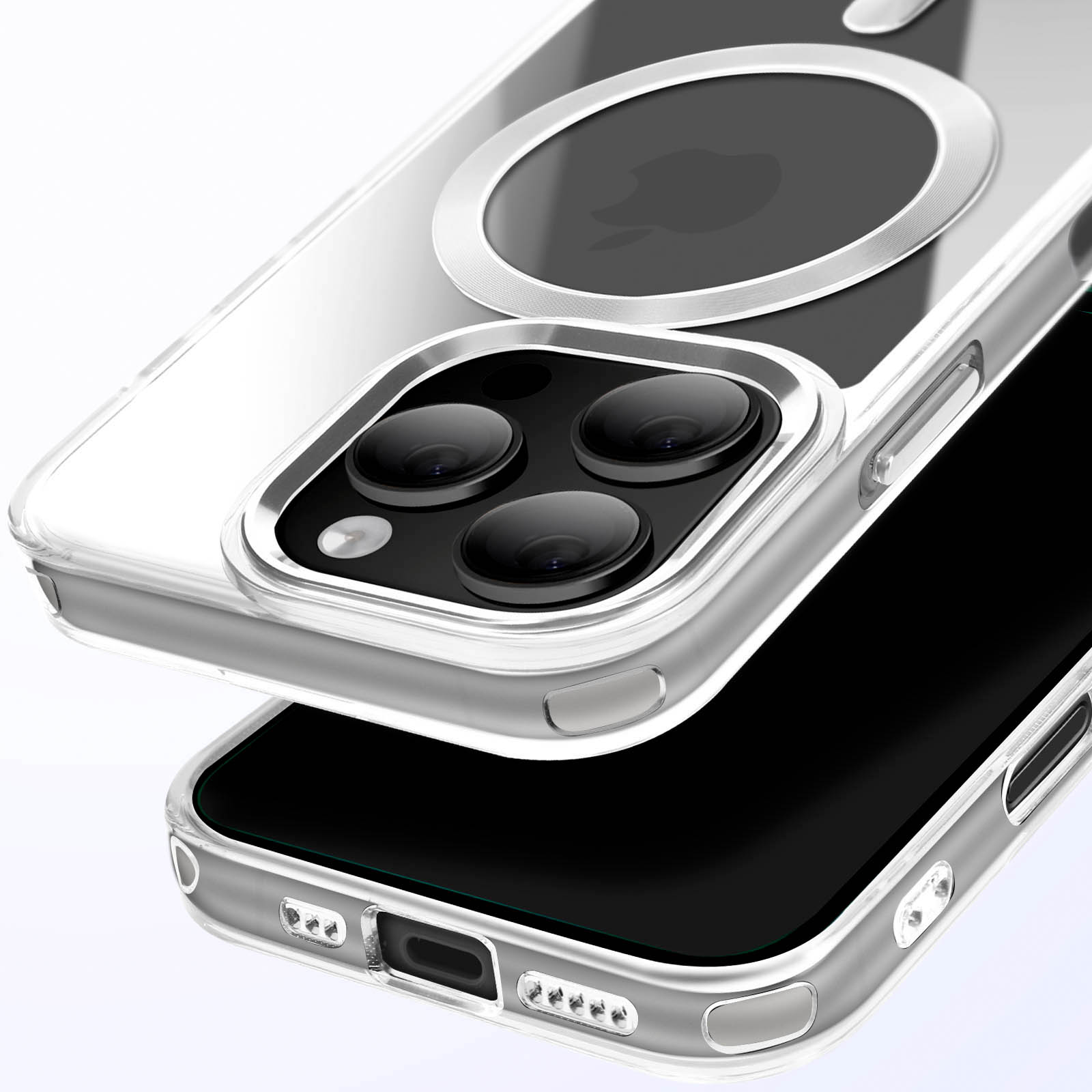 Una custodia trasparente per telefono con un telefono all'interno, primo piano dell'area della fotocamera.