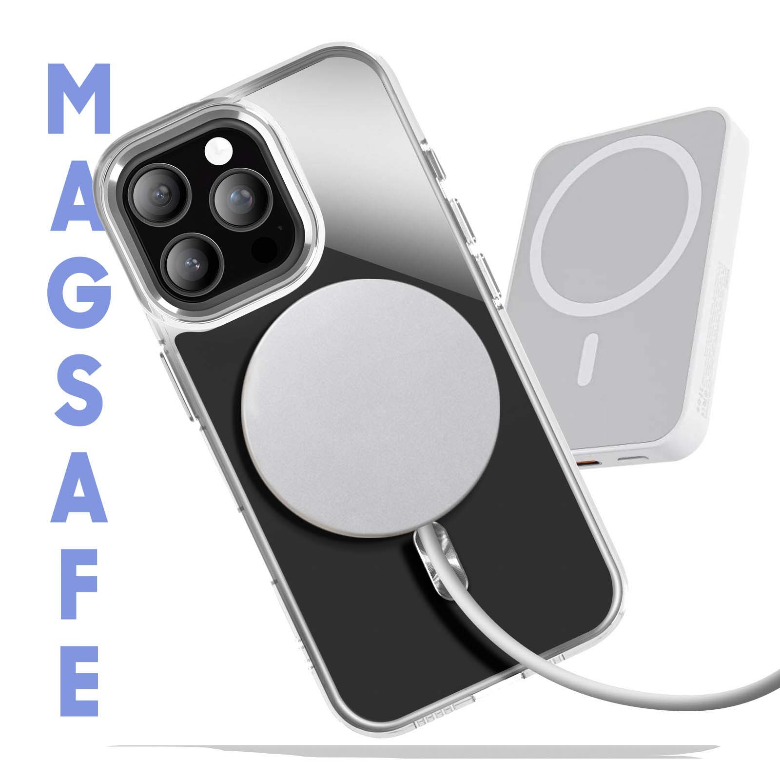Telefono con custodia MagSafe. Custodia trasparente con cerchio argentato. Caricatore bianco visibile.