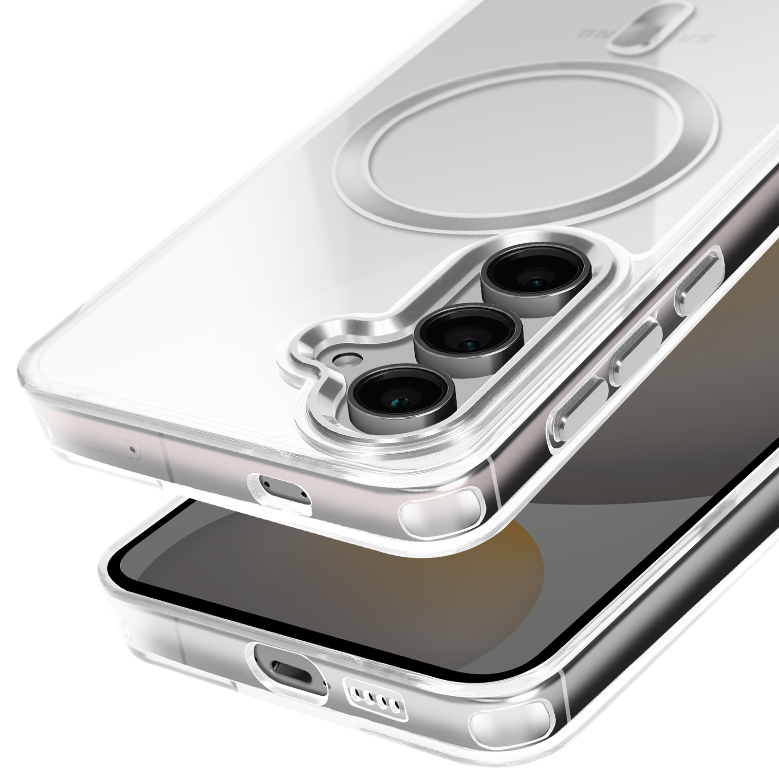 Custodia trasparente per telefono con anello magnetico. Vengono mostrati due telefoni, uno all'interno della custodia.