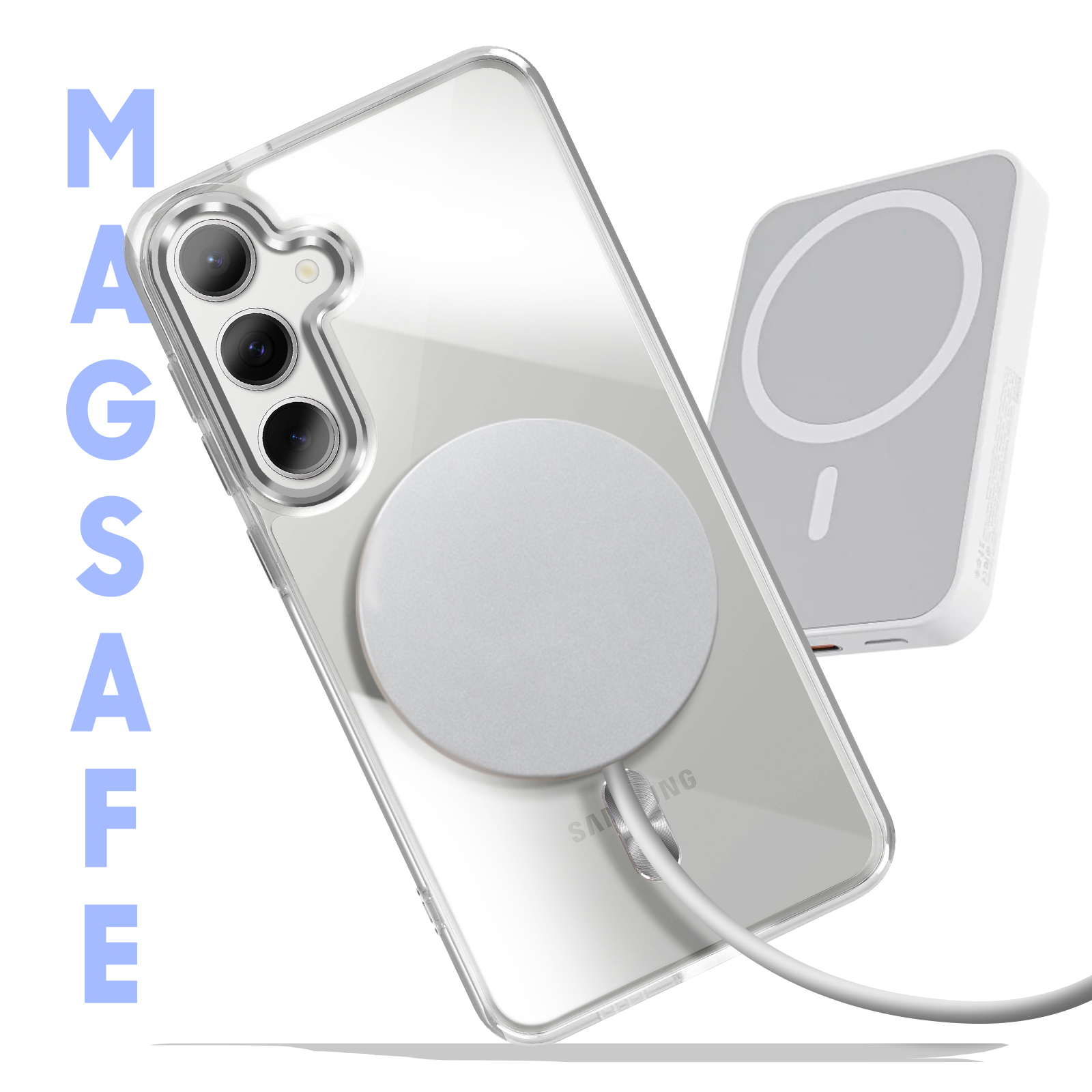 Una custodia trasparente con un caricatore magnetico bianco, con la parola 'MAGSAFE' in blu.