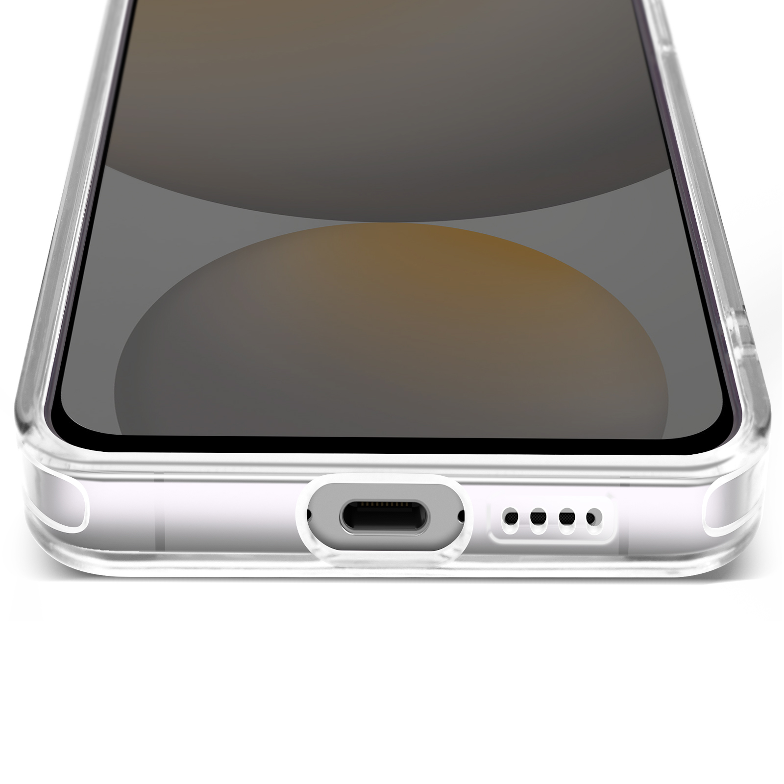 La parte inferiore di un telefono all'interno di una custodia trasparente. Il telefono ha una porta di ricarica e altoparlanti visibili.
