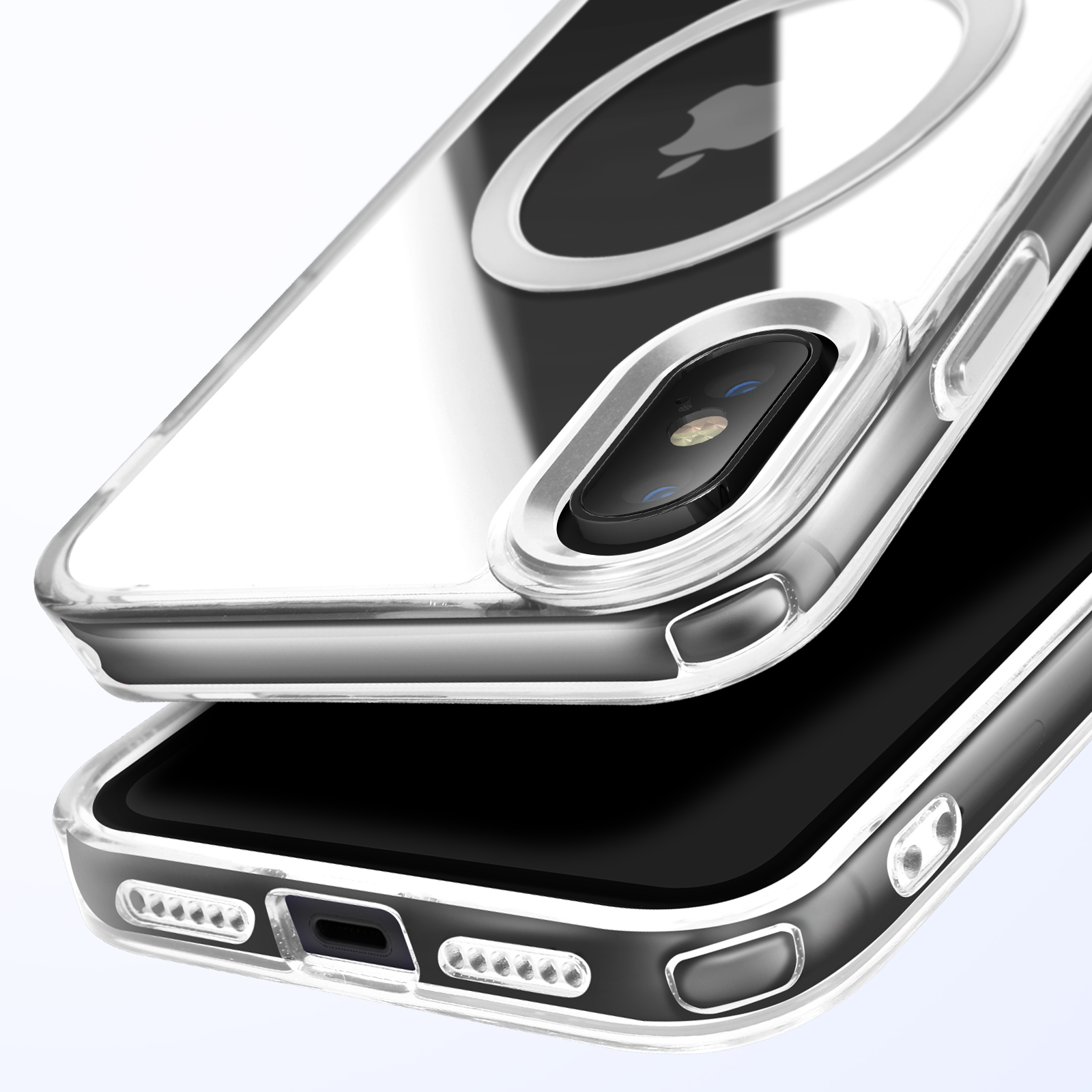 Custodia trasparente per telefono con un telefono all'interno. La custodia ha un rialzo per la fotocamera e pulsanti. Si vede un logo bianco.