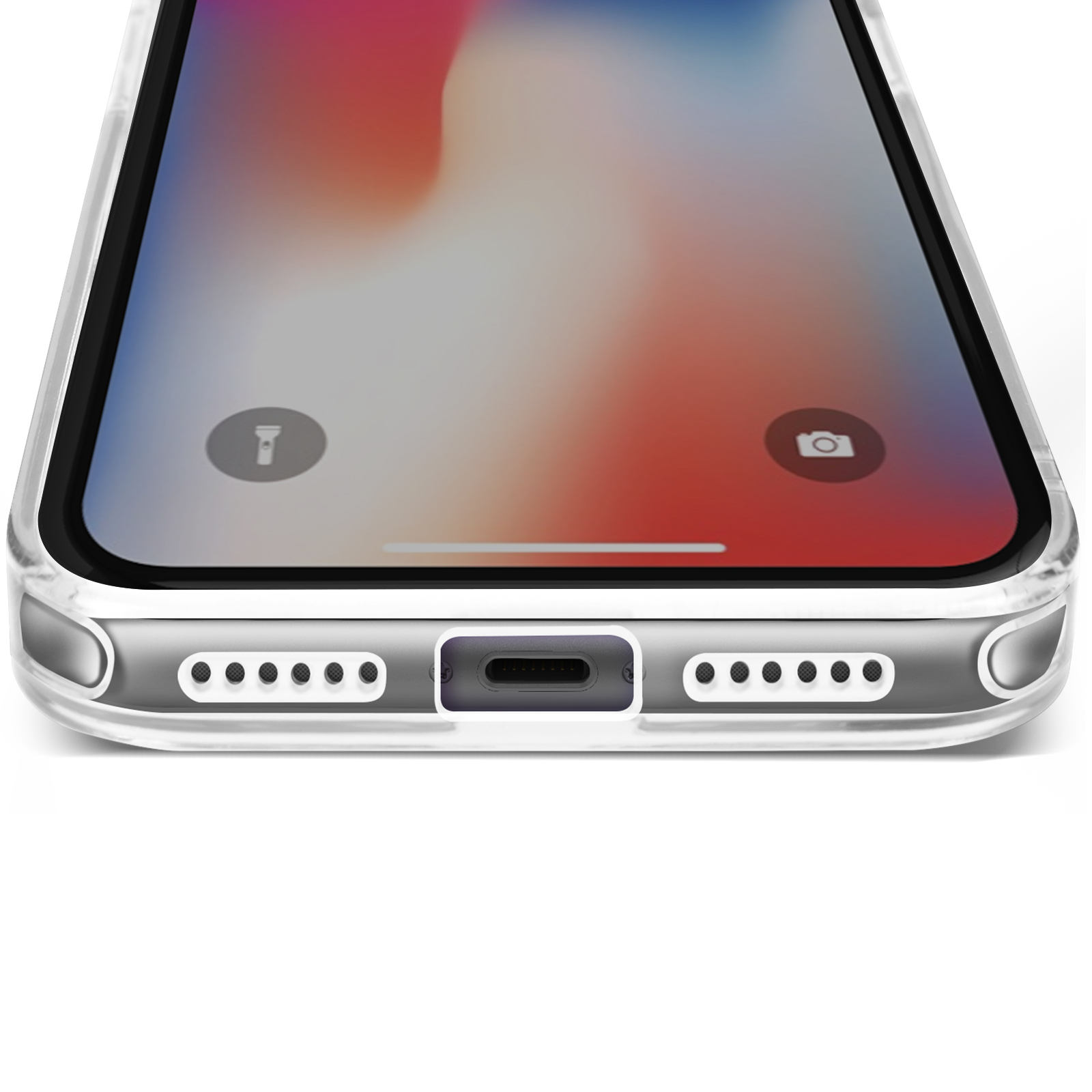 Custodia trasparente per telefono. La parte inferiore della custodia è visibile. La custodia è trasparente.