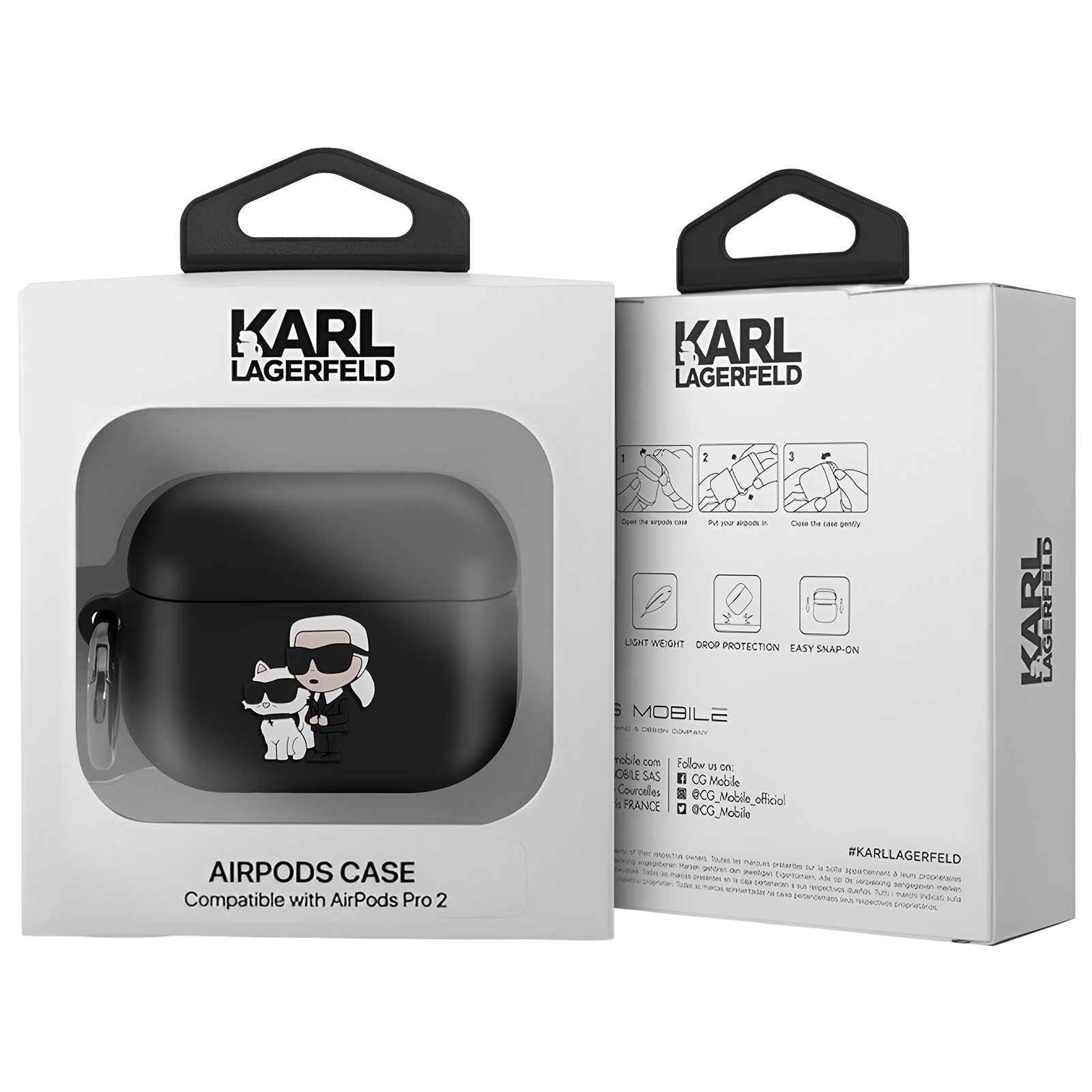 Étui AirPods noir dans une boîte blanche. L'étui présente un dessin animé de Karl Lagerfeld et de son chat.