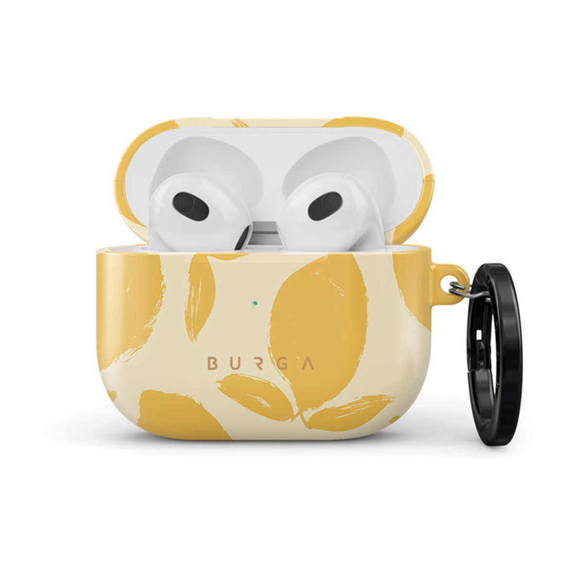Funda amarilla para AirPods con tapa abierta, mostrando auriculares blancos y un cierre negro.