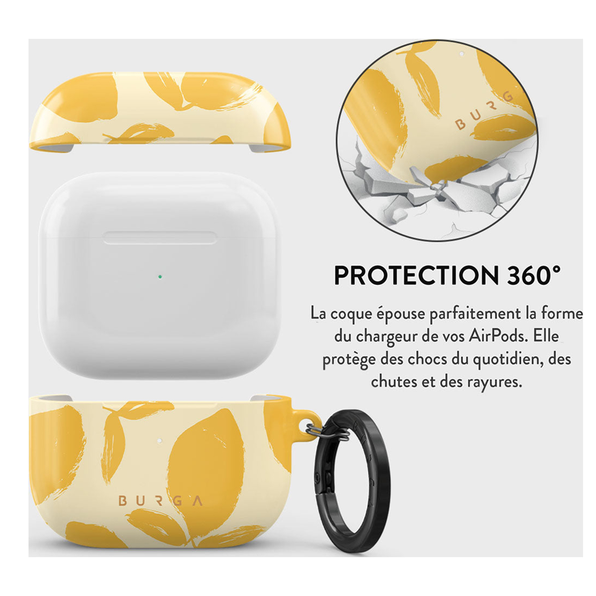 Funda para AirPods con diseño de hojas amarillas. Incluye piezas superior e inferior y un anillo negro.