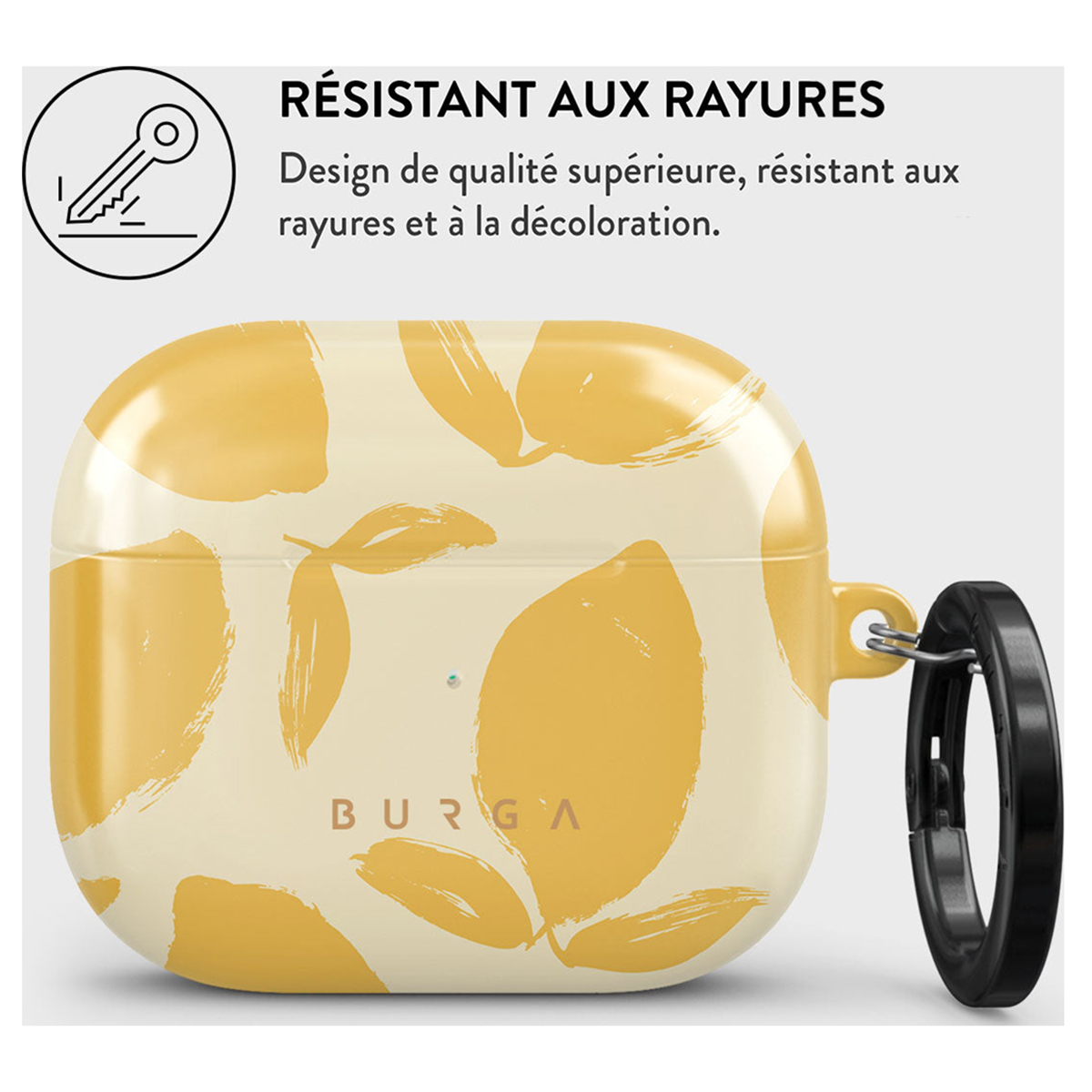 Funda de AirPods con diseño de limones. Fondo blanco. Texto: 'RESISTENTE A LOS ARAÑAZOS'.