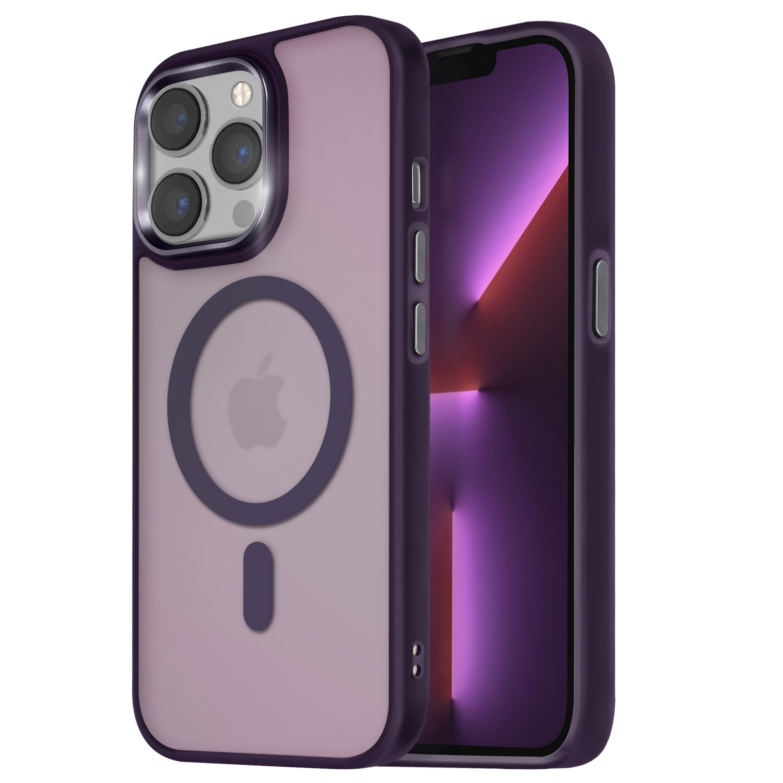 Custodia per telefono. Viola e traslucida. Logo Apple. Telefono con schermo viola. Sfondo bianco.