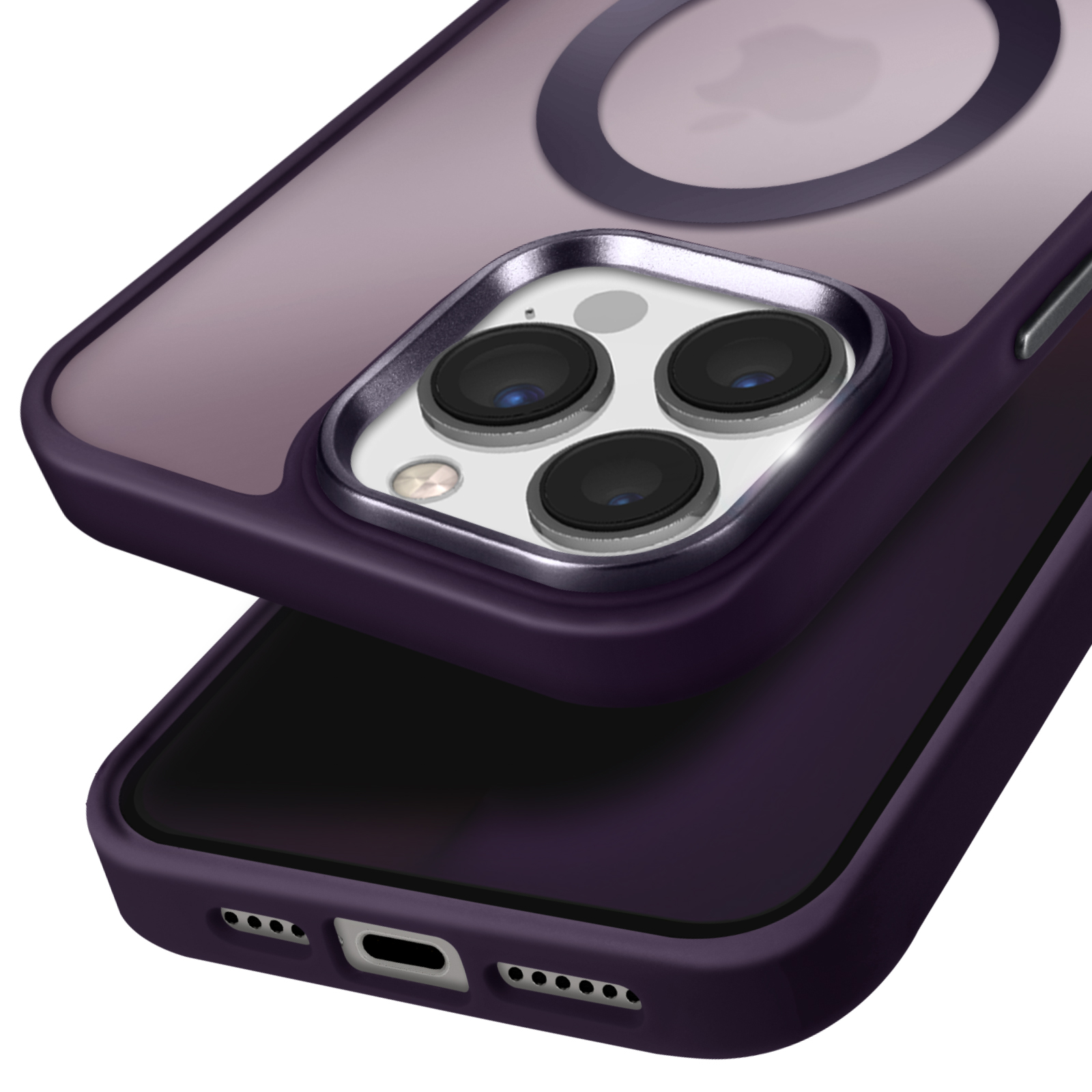Due custodie per telefono, una su un telefono. Le custodie sono viola scuro con un anello MagSafe e dettagli argentati.