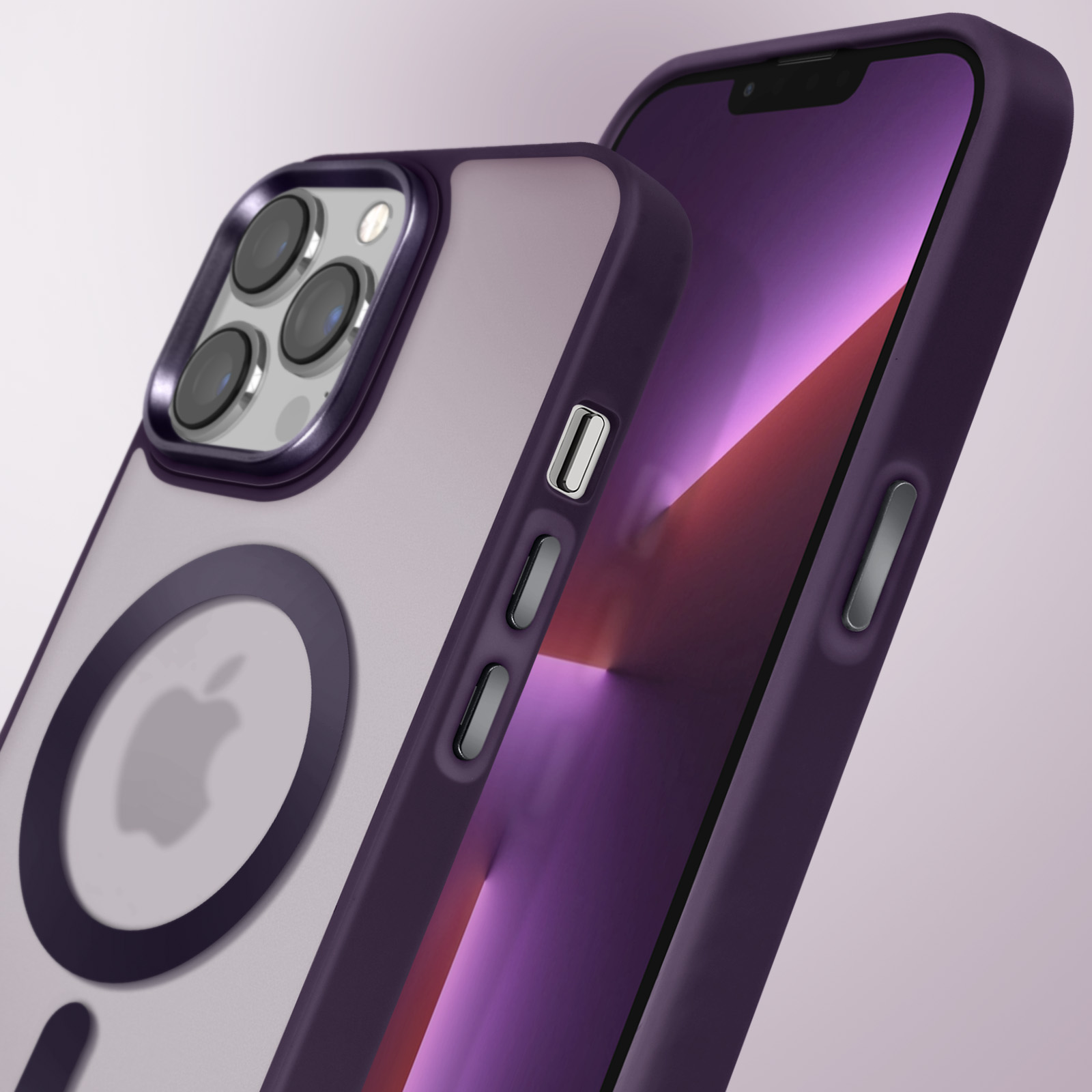 Custodia e telefono viola. Il telefono ha uno schermo viola e la custodia una cornice viola.
