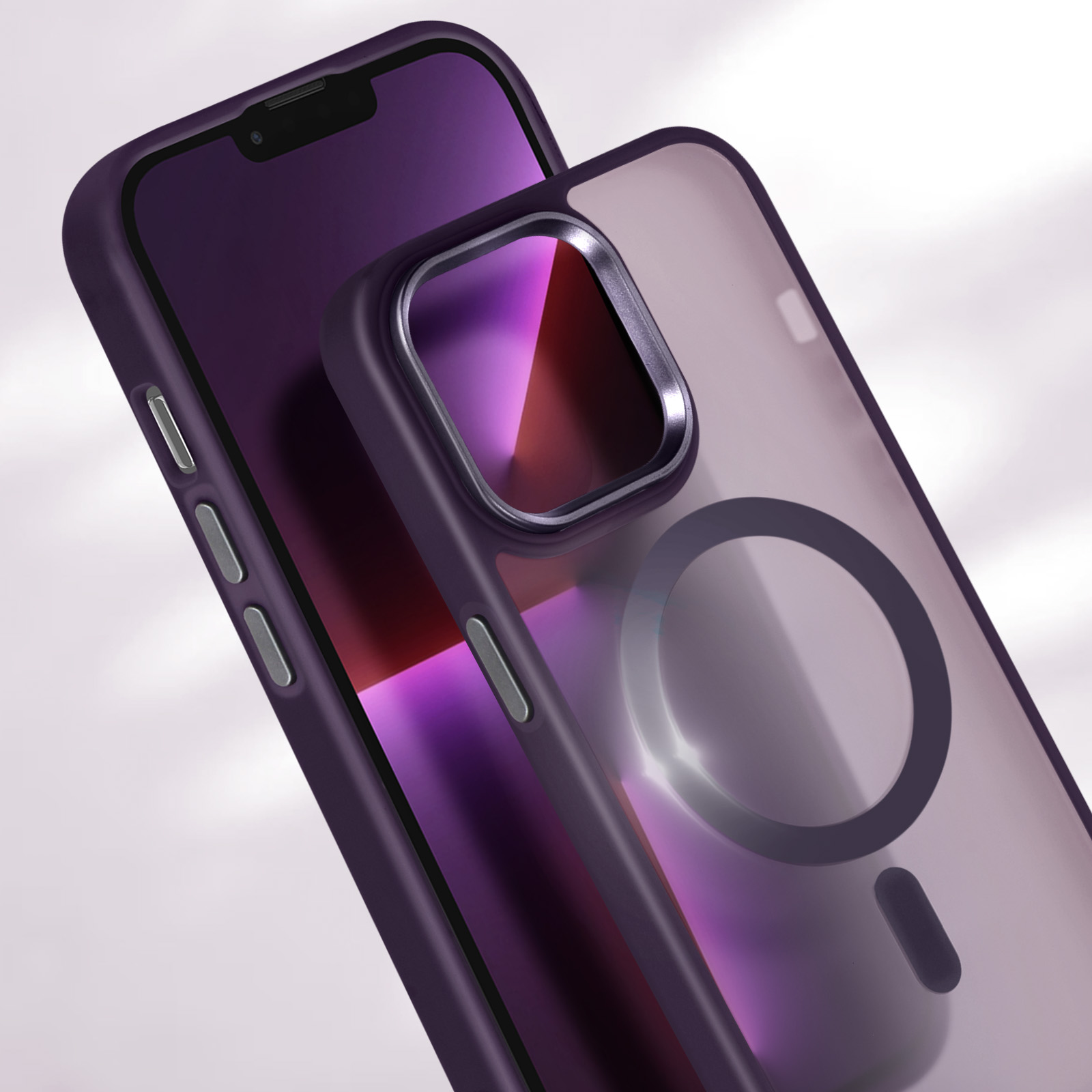 Custodia viola per telefono. Telefono all'interno. Cerchio nero sul retro. Sfondo viola.