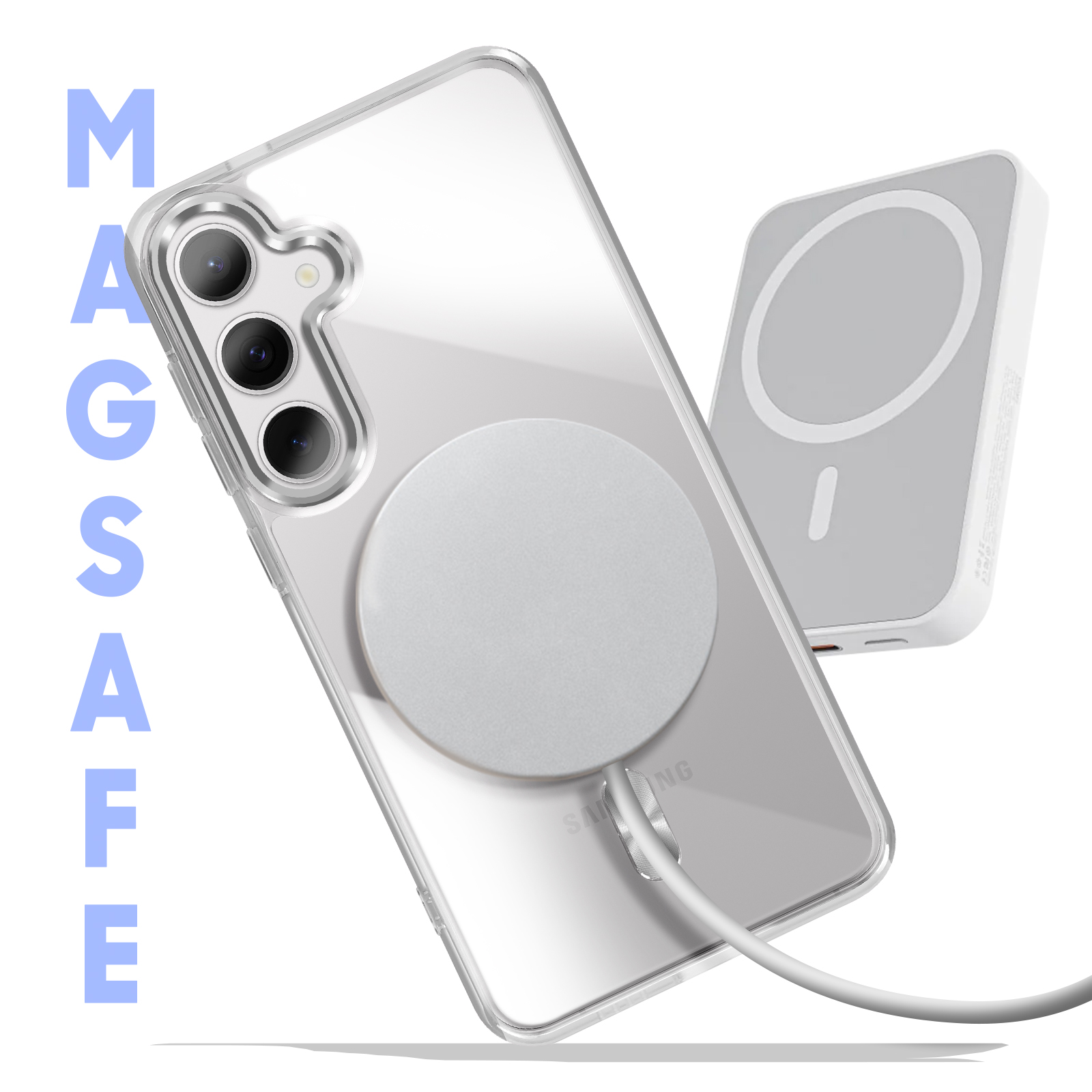 Custodia trasparente con caricatore MagSafe bianco collegato.