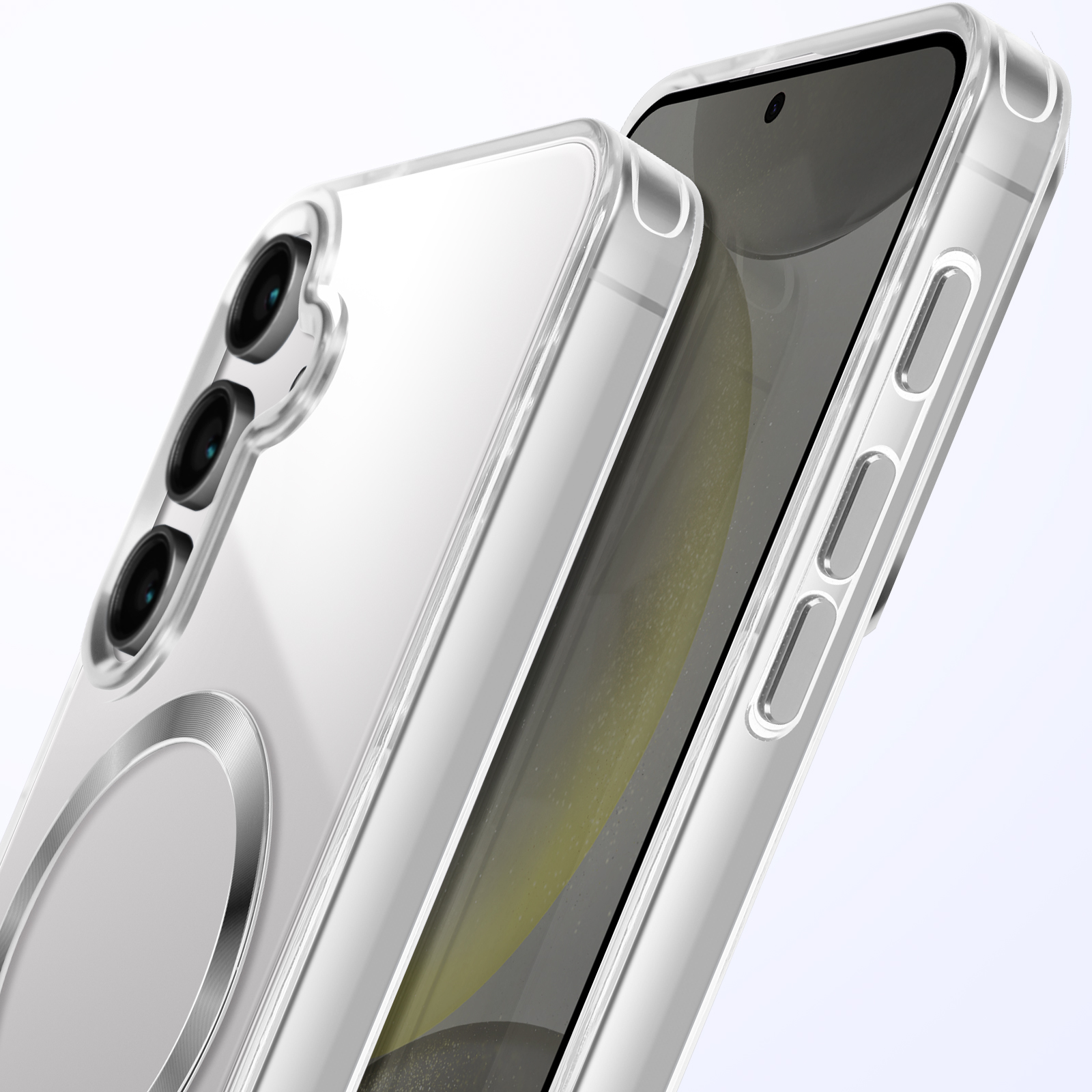 Custodia trasparente con fotocamere visibili. Telefono parzialmente inserito. Sfondo bianco.