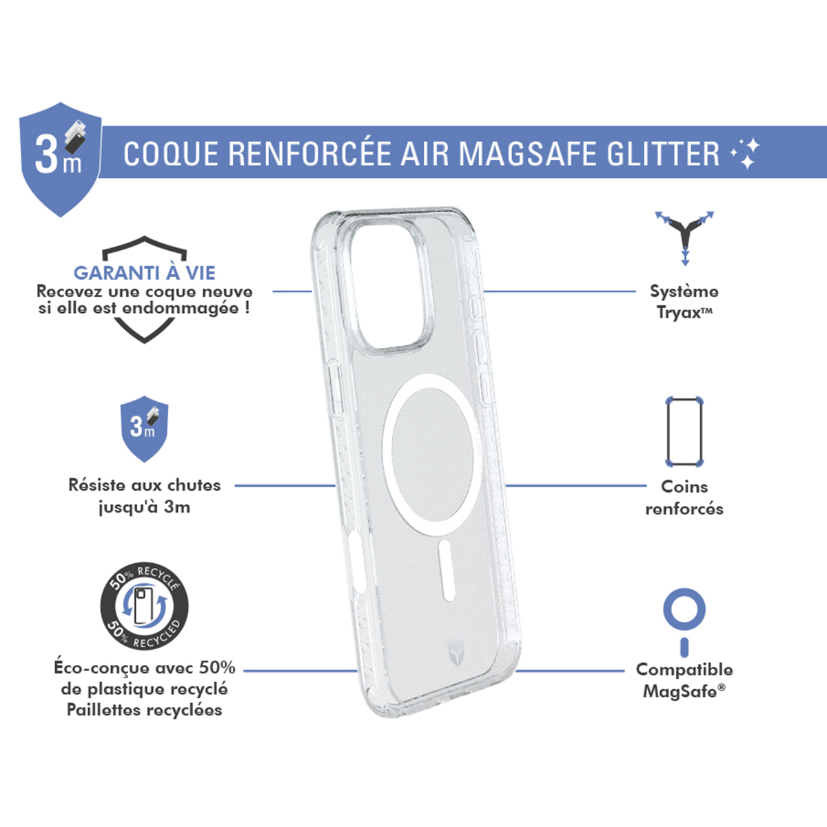 Custodia trasparente con MagSafe, glitter e testo.