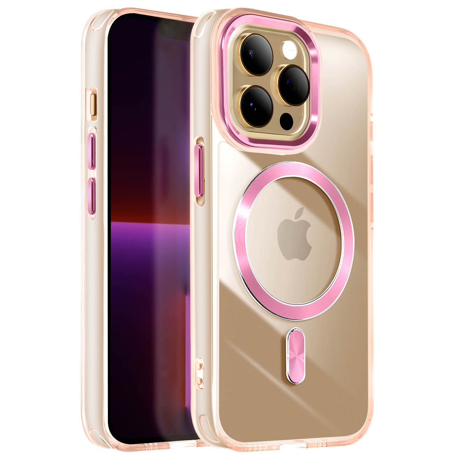 Custodia rosa e trasparente con logo Apple rosa. Telefono all'interno della custodia.
