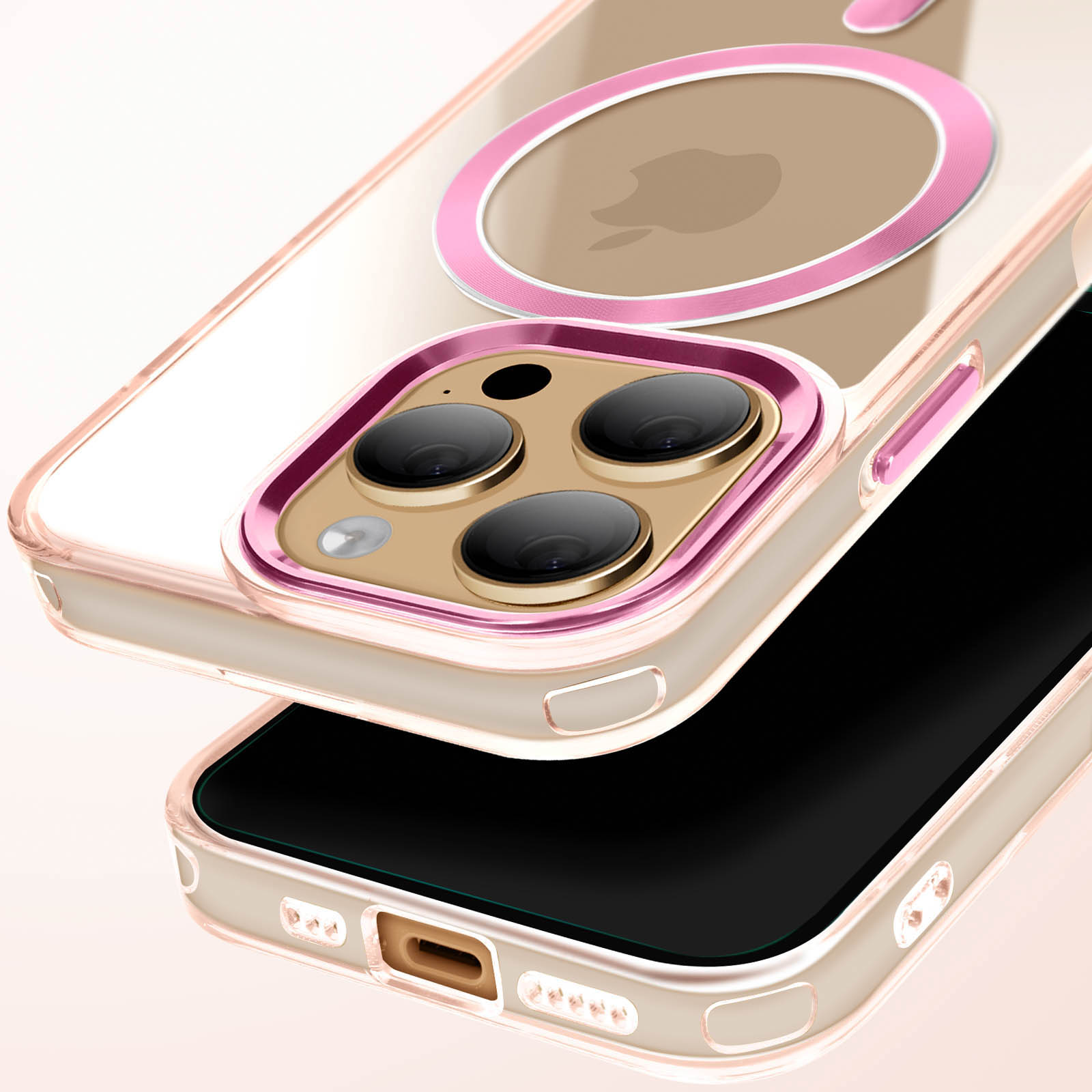 Telefono con custodia rosa, la custodia ha un bordo rosa intorno alla fotocamera e un cerchio rosa. Telefono visibile.