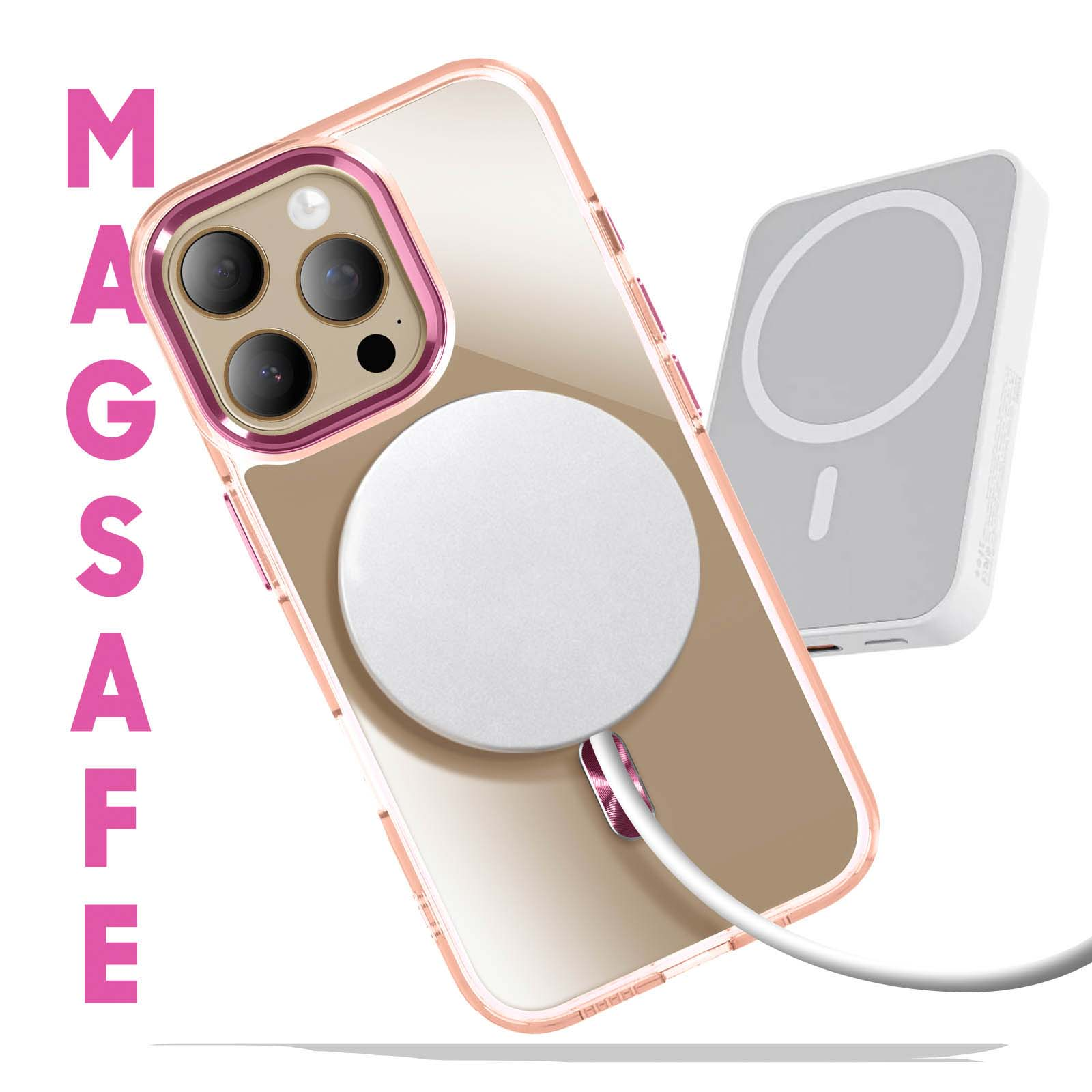 Custodia per telefono con caricatore MagSafe. Custodia trasparente con dettagli rosa, caricatore bianco.