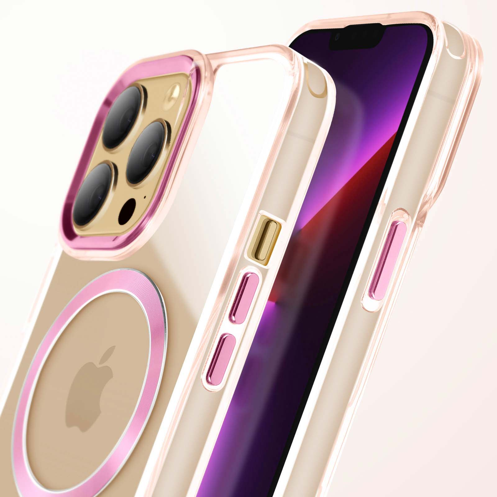 Custodia rosa e trasparente. Il telefono è visibile.