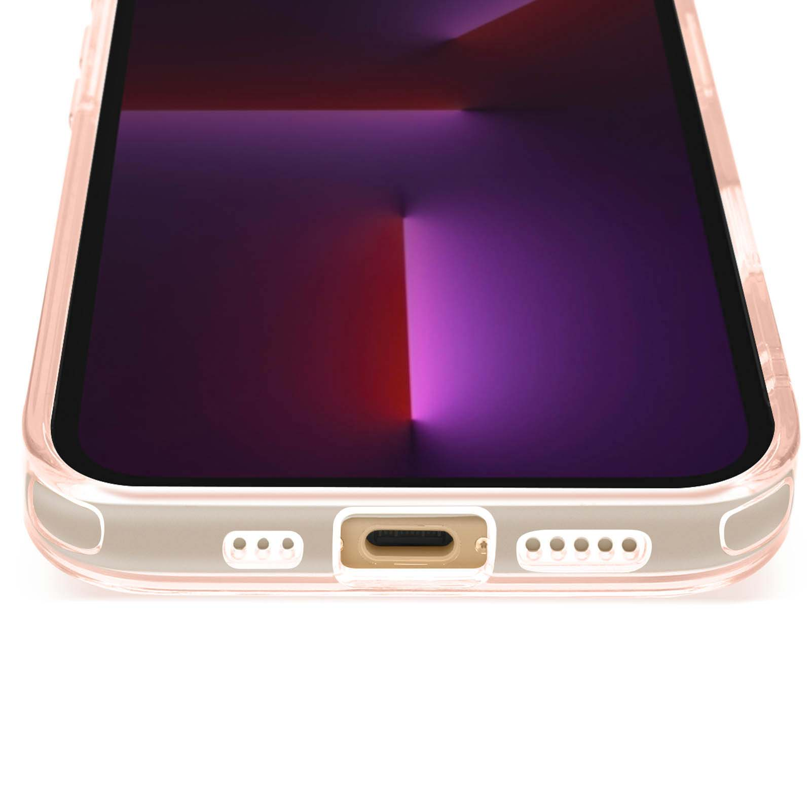 Un primo piano di una custodia per telefono. La custodia è trasparente con un bordo rosa. Il telefono ha una porta di ricarica.