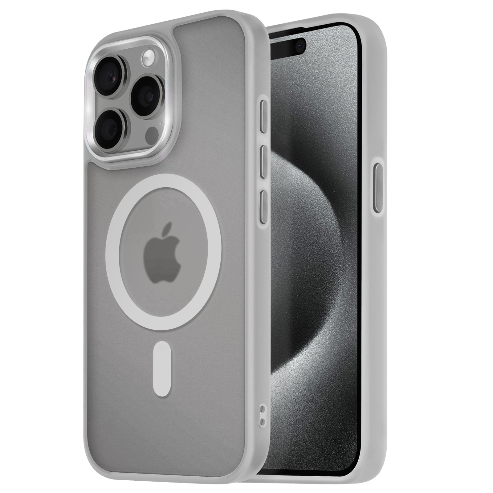 Custodia grigia per telefono con il logo Apple bianco. Il telefono è visibile.