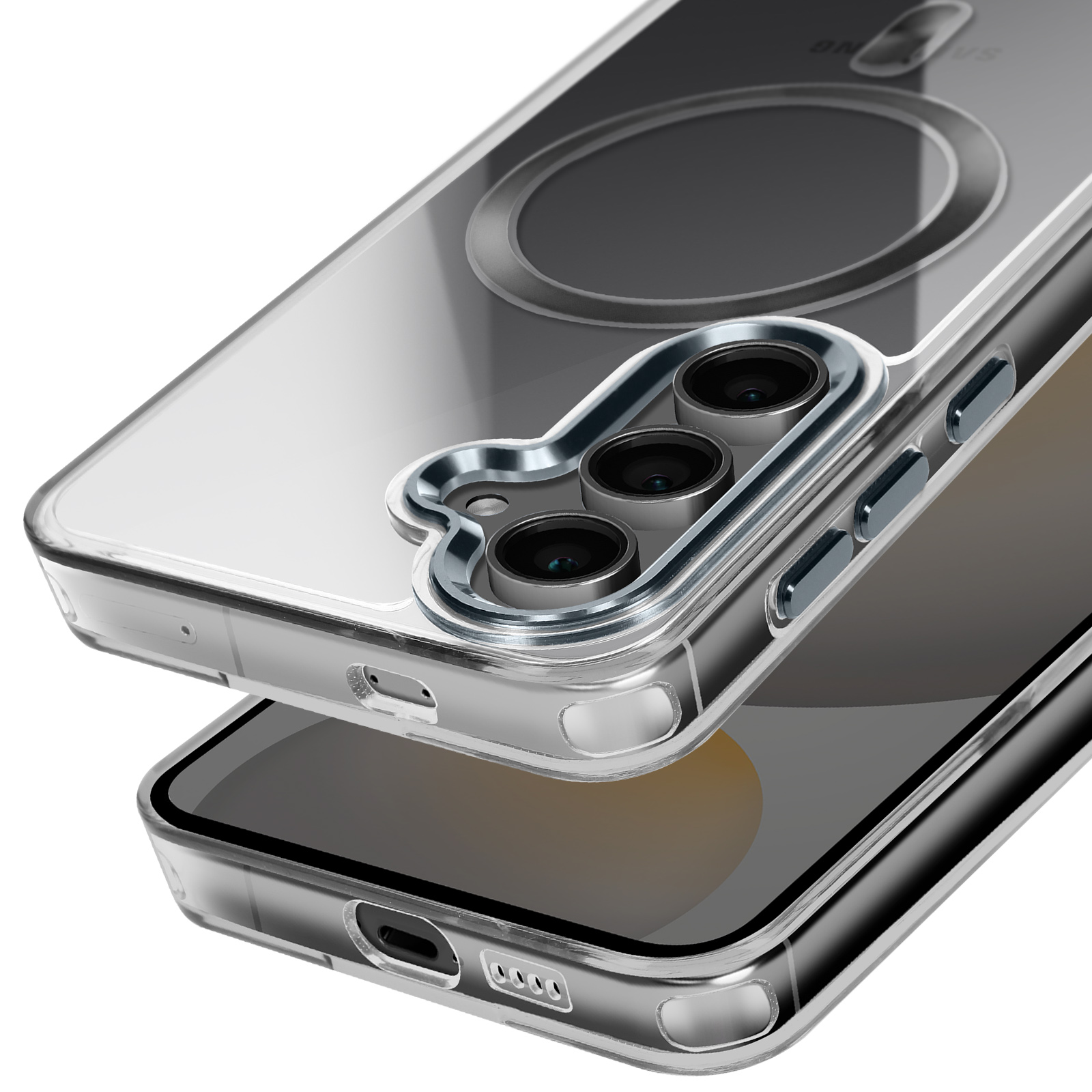 Un telefono con una custodia trasparente. La parte posteriore del telefono è visibile e ha una fotocamera.