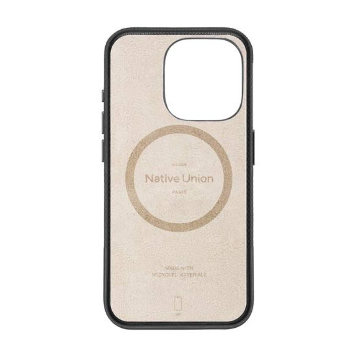 Custodia per telefono beige con cornice nera. Dice 'NATIVE UNION PARIS' e ha un cerchio sul retro.