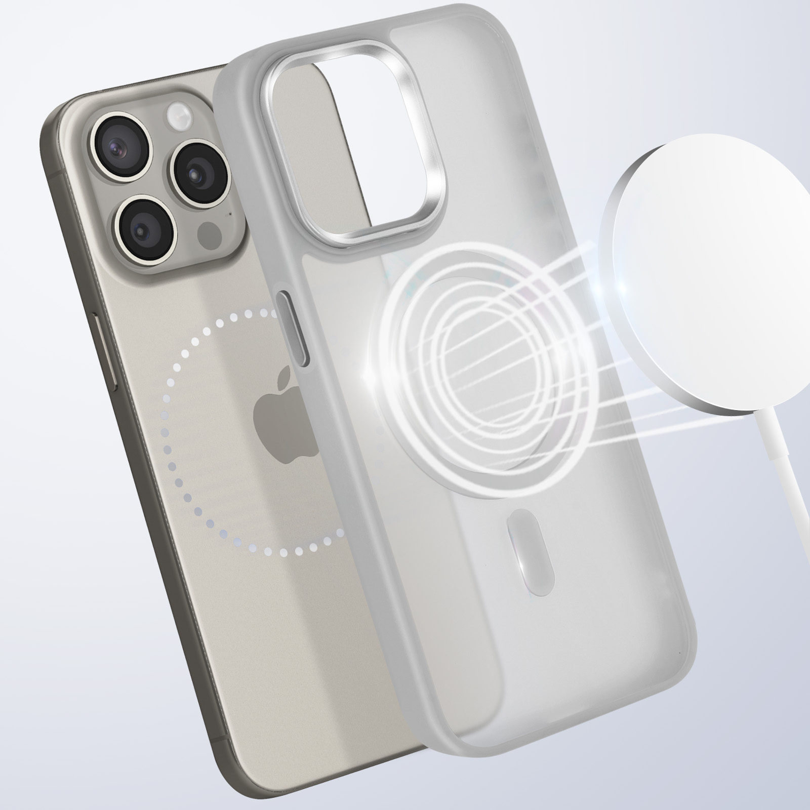 Vengono mostrati un telefono e una custodia. La custodia è trasparente. La custodia ha un anello magnetico. Il telefono è oro.